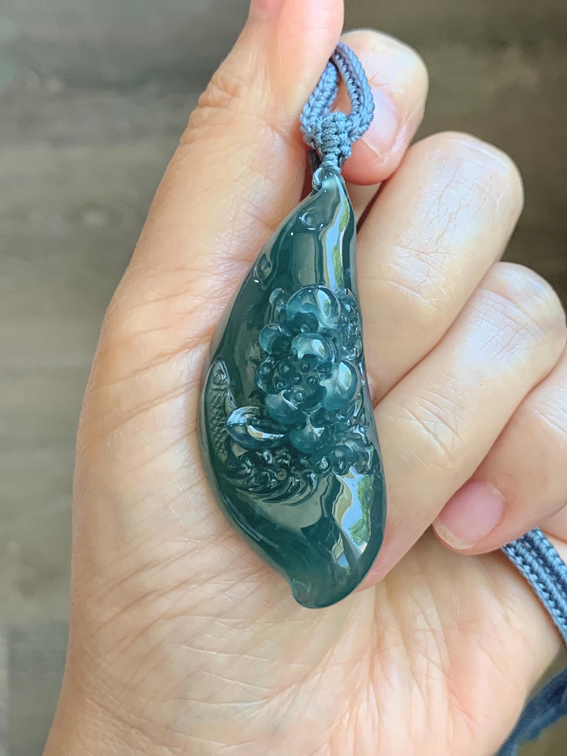Certified Natural Grade A Guatemalan Icy Dark Teal Blue Jade Jadeite Lotus Flower Koi Fish Pendant Rope Necklace 27” 18g 天然冰危蓝绿翡翠莲花鱼吊坠 1159