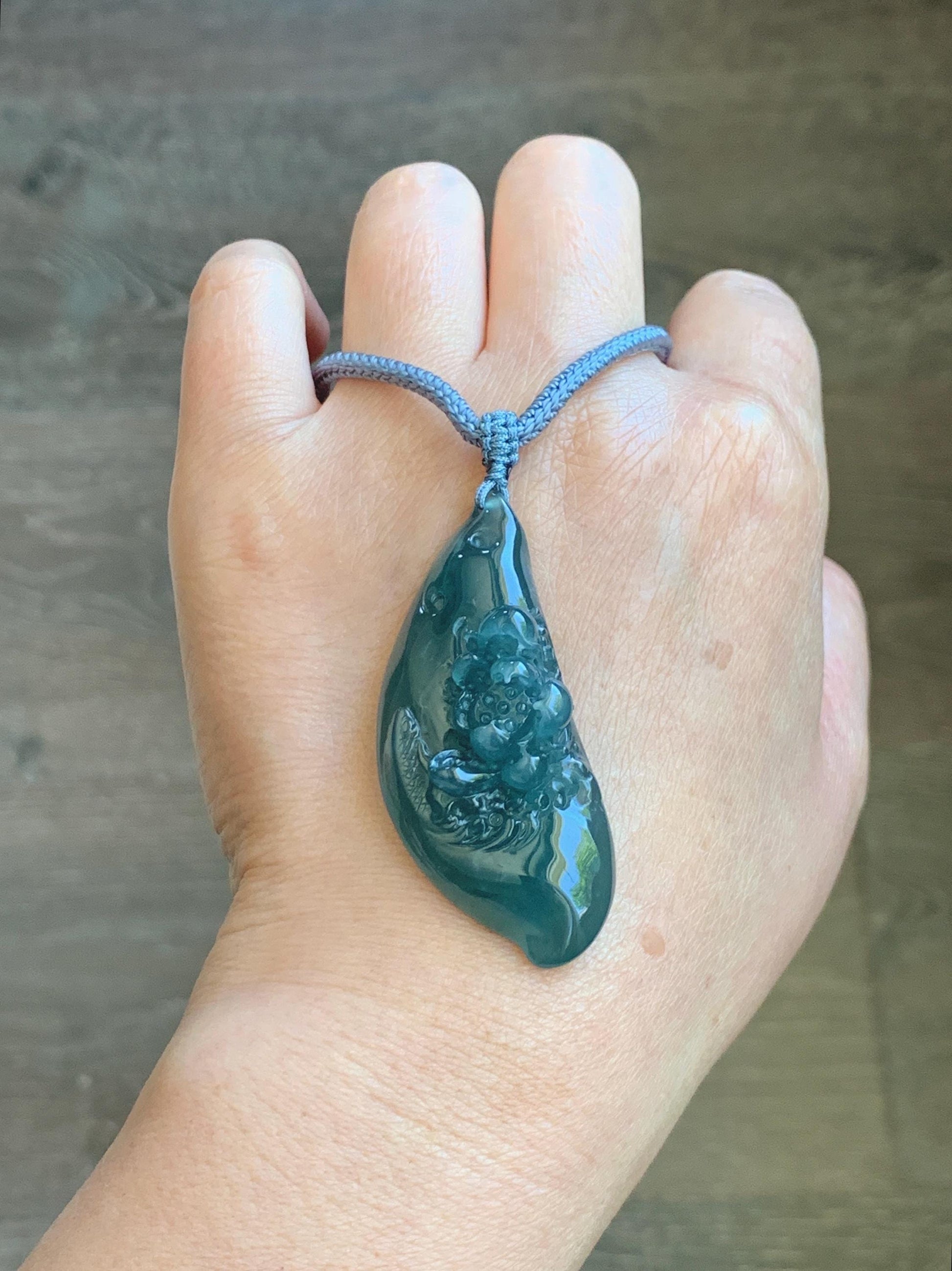 Certified Natural Grade A Guatemalan Icy Dark Teal Blue Jade Jadeite Lotus Flower Koi Fish Pendant Rope Necklace 27” 18g 天然冰危蓝绿翡翠莲花鱼吊坠 1159