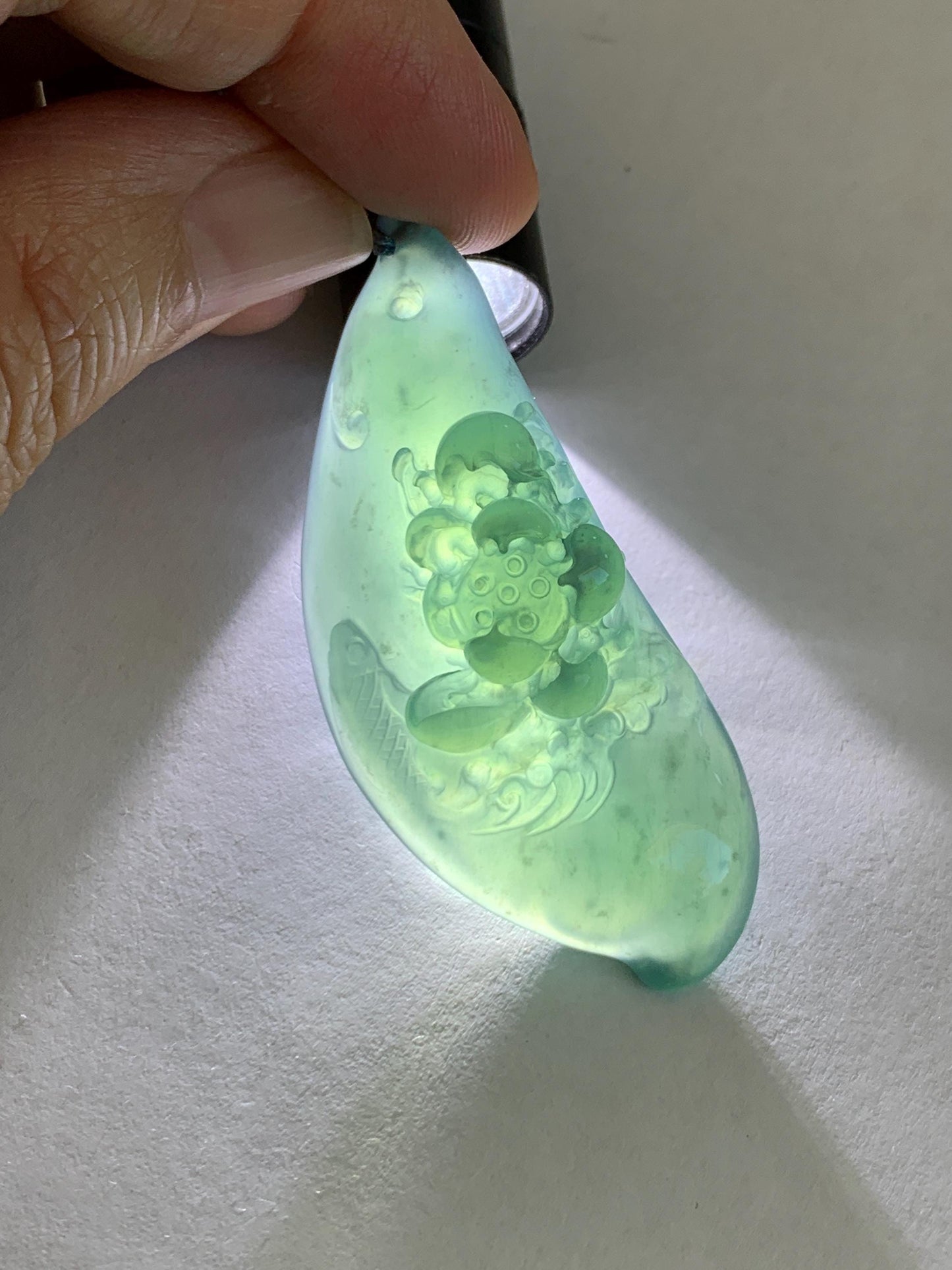 Certified Natural Grade A Guatemalan Icy Dark Teal Blue Jade Jadeite Lotus Flower Koi Fish Pendant Rope Necklace 27” 18g 天然冰危蓝绿翡翠莲花鱼吊坠 1159
