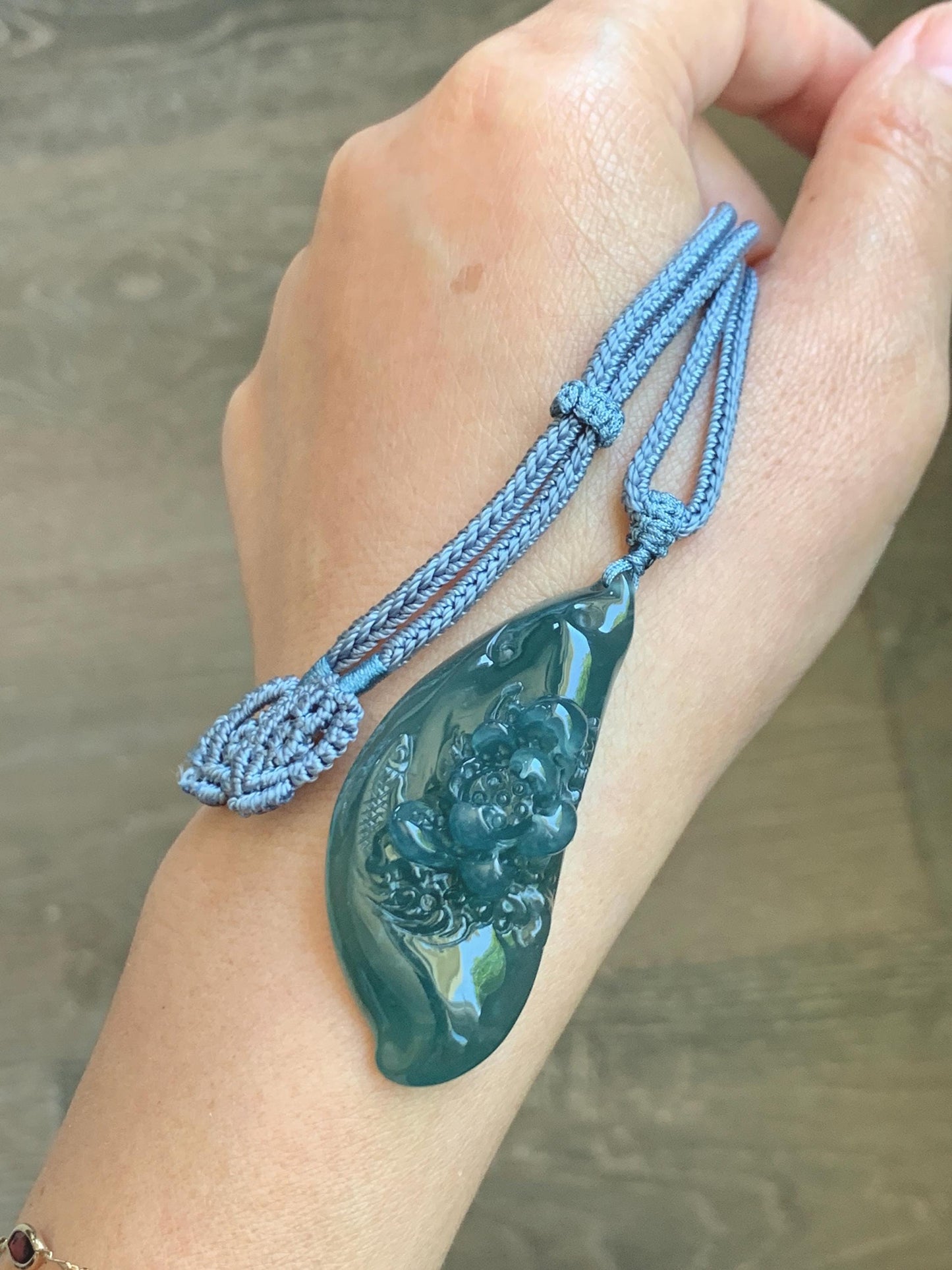 Certified Natural Grade A Guatemalan Icy Dark Teal Blue Jade Jadeite Lotus Flower Koi Fish Pendant Rope Necklace 27” 18g 天然冰危蓝绿翡翠莲花鱼吊坠 1159