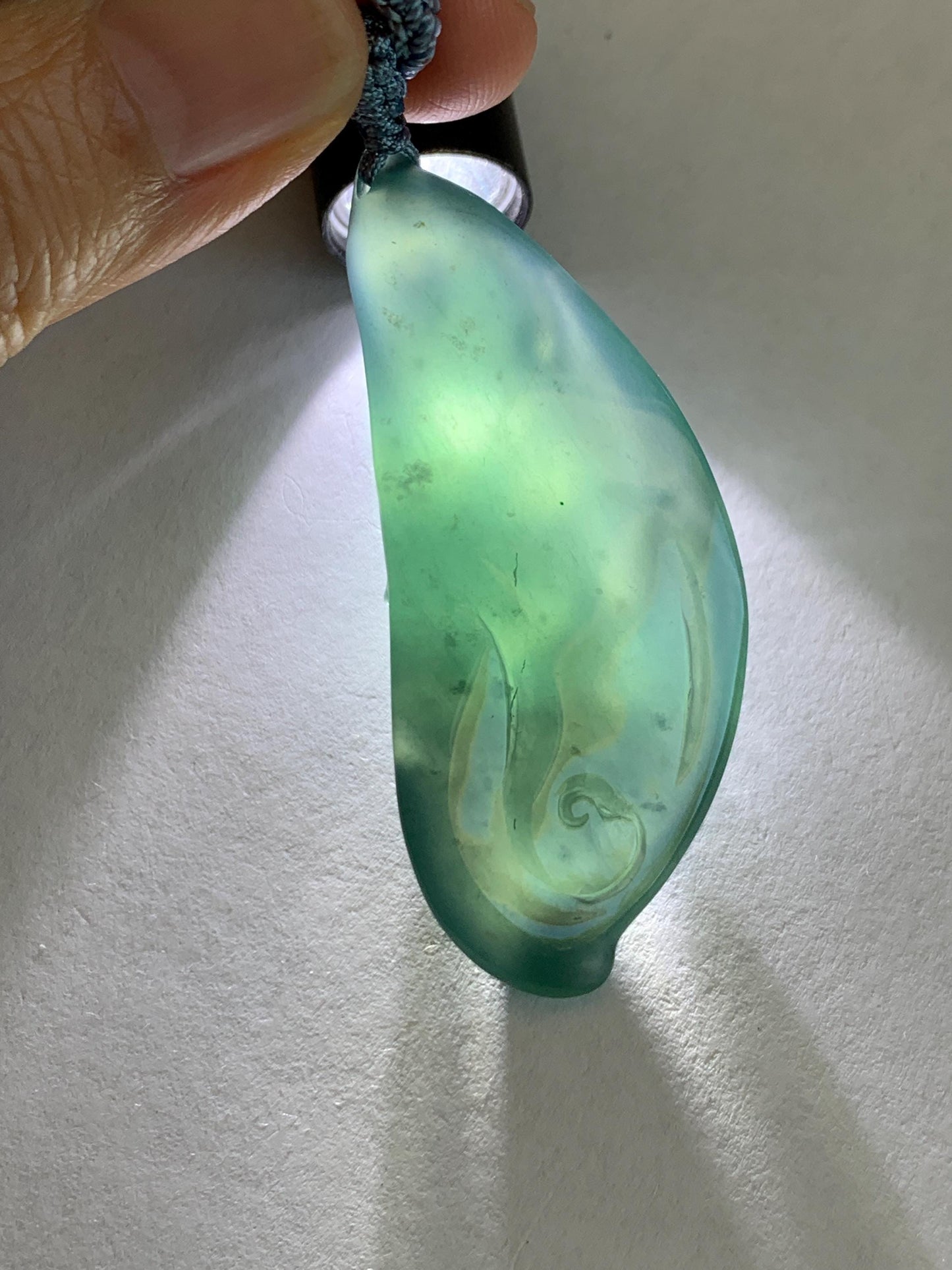 Certified Natural Grade A Guatemalan Icy Dark Teal Blue Jade Jadeite Lotus Flower Koi Fish Pendant Rope Necklace 27” 18g 天然冰危蓝绿翡翠莲花鱼吊坠 1159