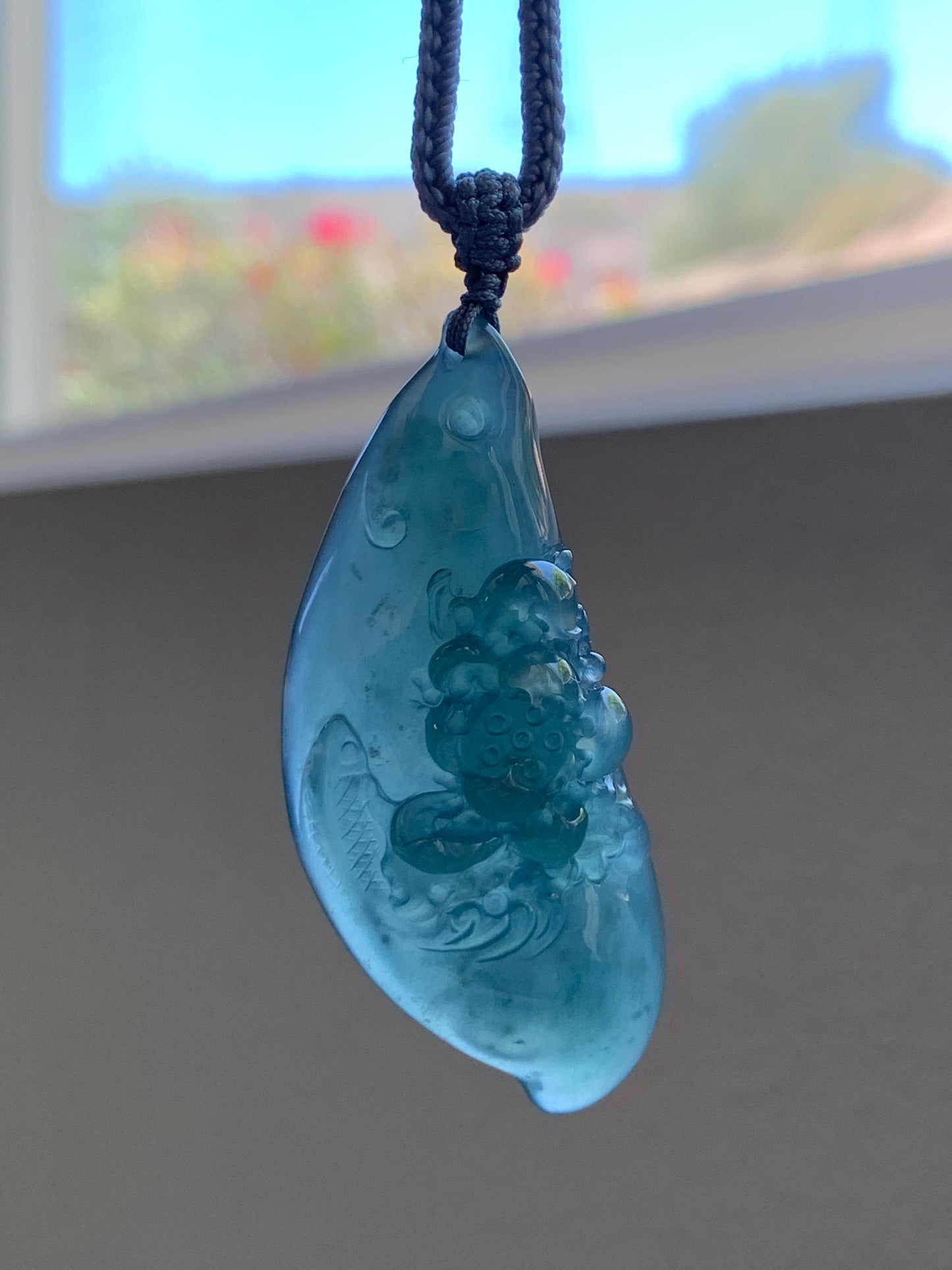 Certified Natural Grade A Guatemalan Icy Dark Teal Blue Jade Jadeite Lotus Flower Koi Fish Pendant Rope Necklace 27” 18g 天然冰危蓝绿翡翠莲花鱼吊坠 1159