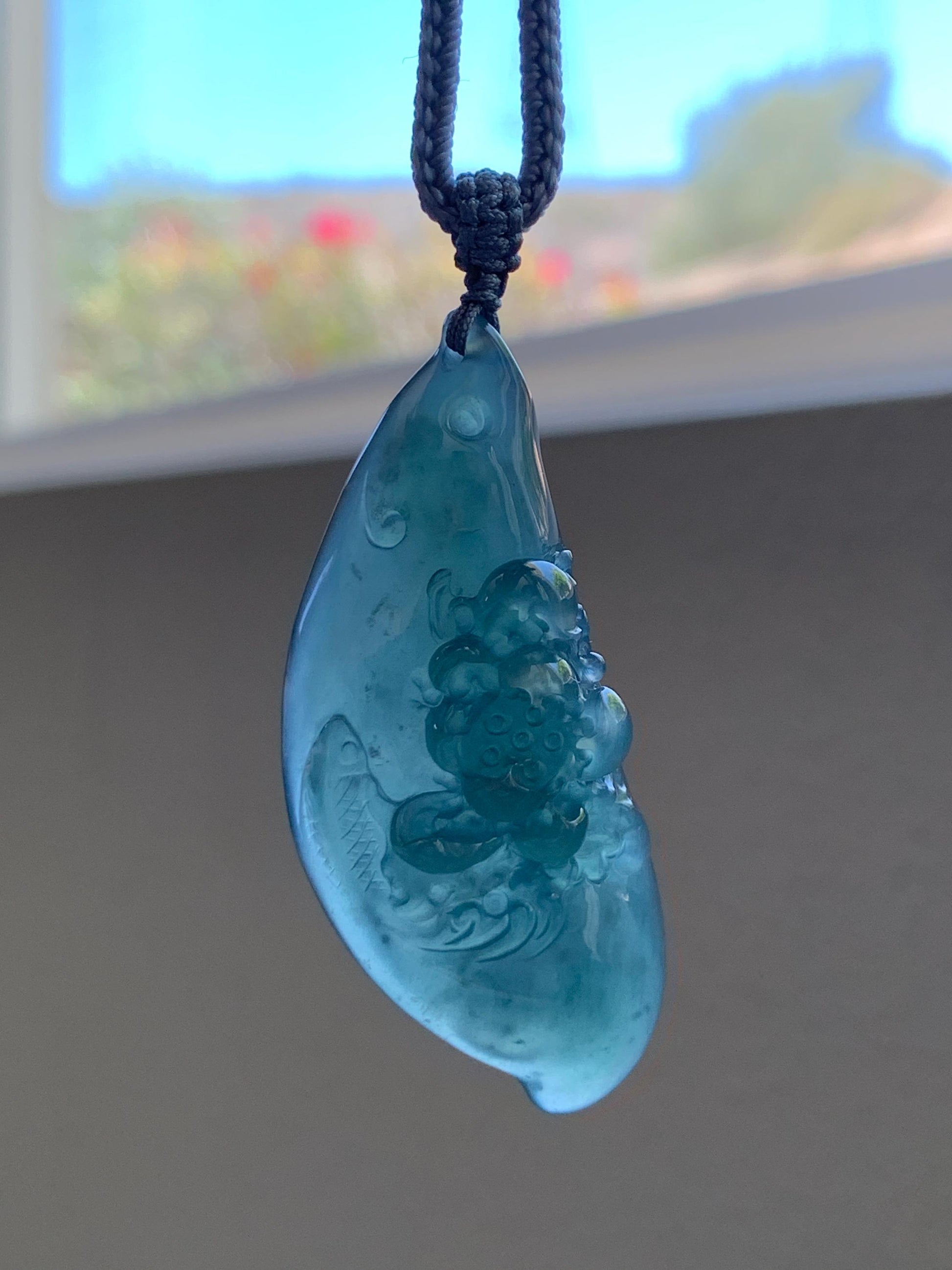 Certified Natural Grade A Guatemalan Icy Dark Teal Blue Jade Jadeite Lotus Flower Koi Fish Pendant Rope Necklace 27” 18g 天然冰危蓝绿翡翠莲花鱼吊坠 1159