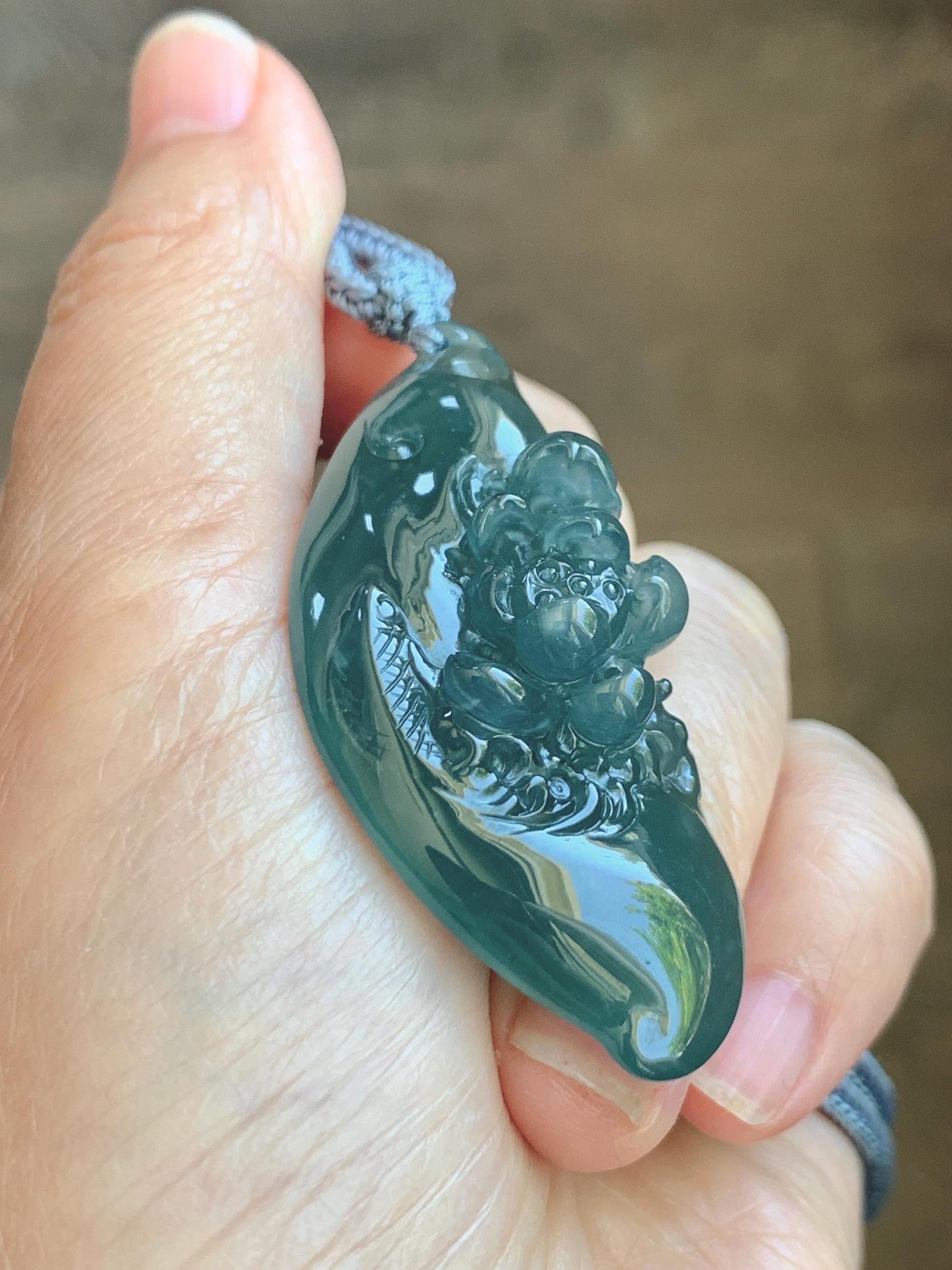 Certified Natural Grade A Guatemalan Icy Dark Teal Blue Jade Jadeite Lotus Flower Koi Fish Pendant Rope Necklace 27” 18g 天然冰危蓝绿翡翠莲花鱼吊坠 1159