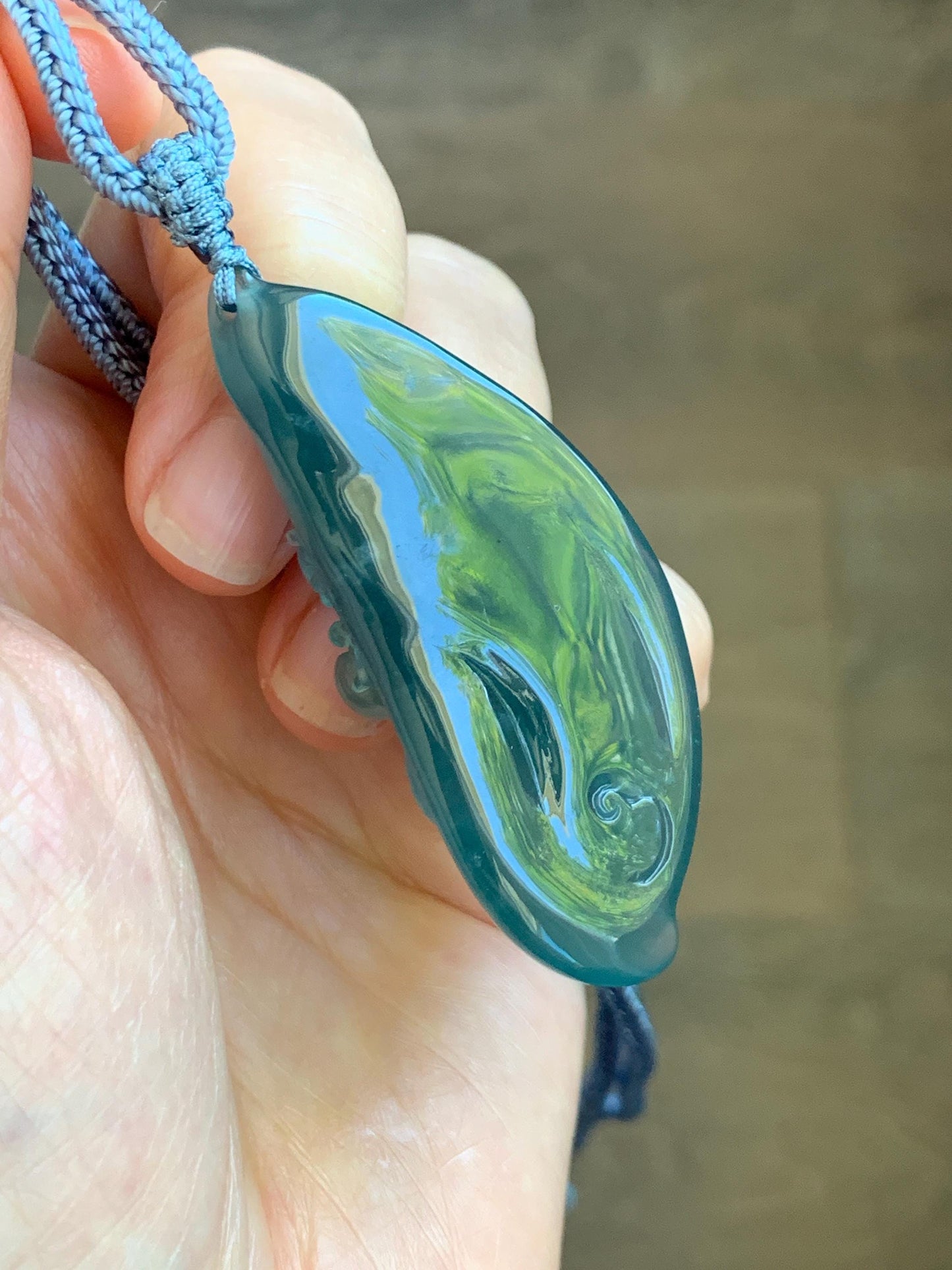 Certified Natural Grade A Guatemalan Icy Dark Teal Blue Jade Jadeite Lotus Flower Koi Fish Pendant Rope Necklace 27” 18g 天然冰危蓝绿翡翠莲花鱼吊坠 1159