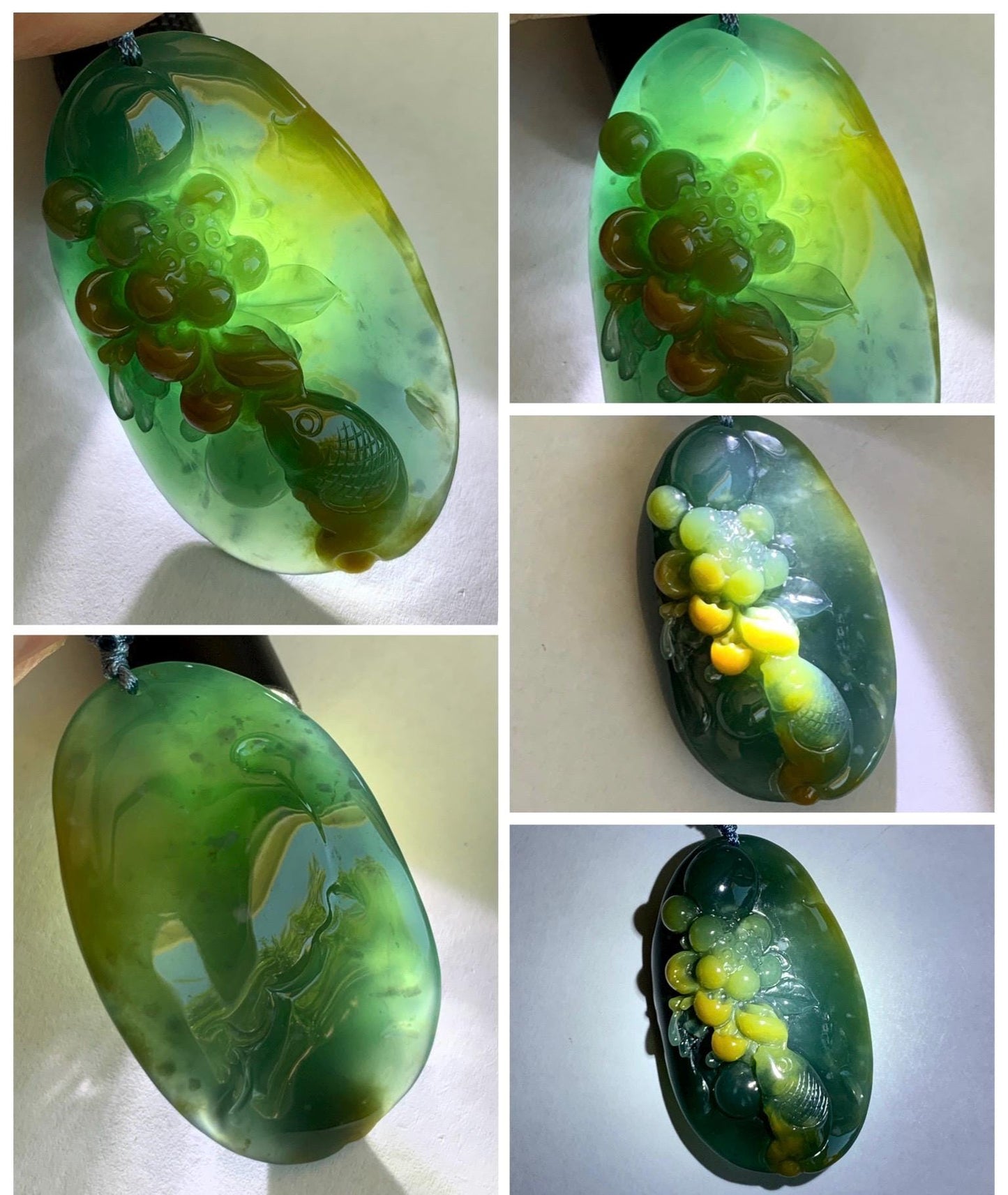 Certified Natural Grade A Guatemalan Icy Dark Teal Yellow Marbled Jadeite Lotus Flower Koi Fish Pendant Rope Necklace 27” 天然冰危蓝加黄翡翠莲花鱼吊坠1157