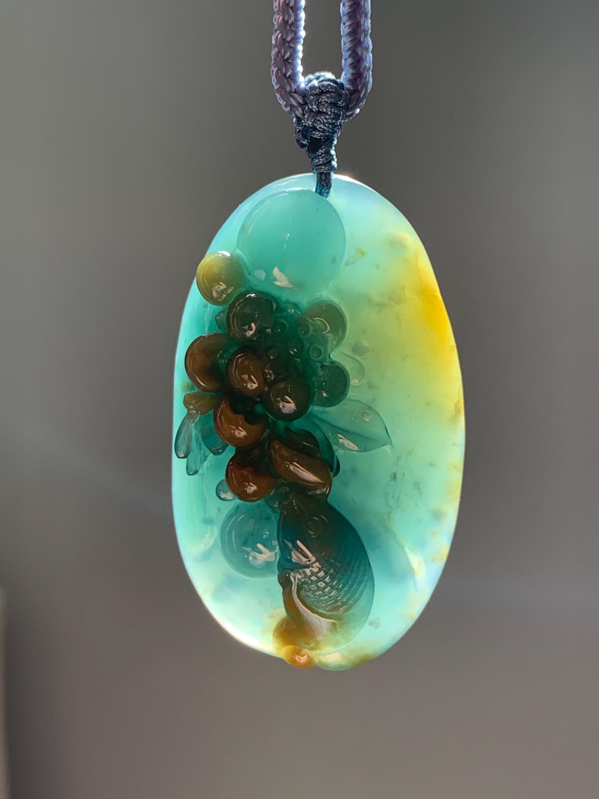 Certified Natural Grade A Guatemalan Icy Dark Teal Yellow Marbled Jadeite Lotus Flower Koi Fish Pendant Rope Necklace 27” 天然冰危蓝加黄翡翠莲花鱼吊坠1157