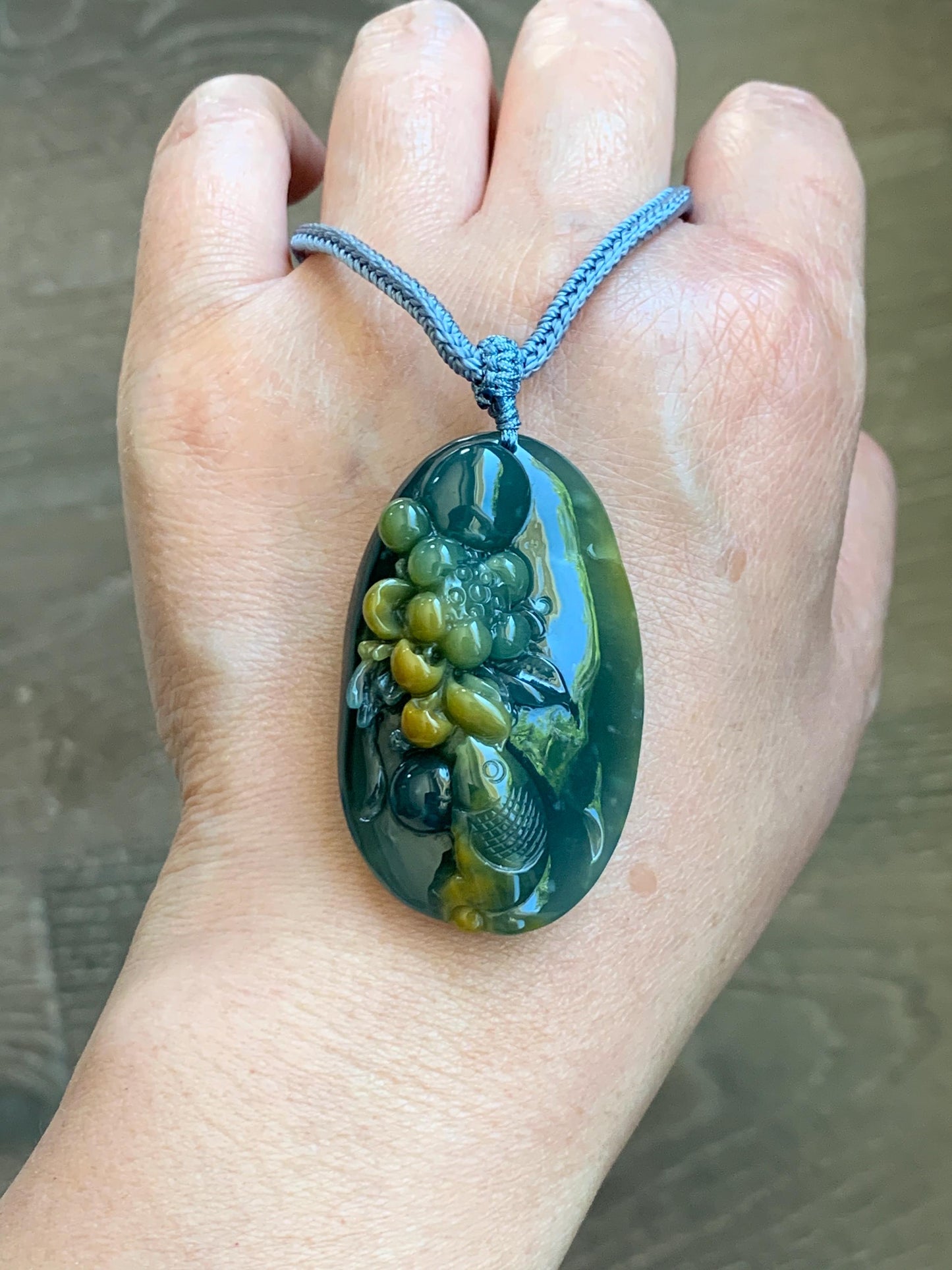 Certified Natural Grade A Guatemalan Icy Dark Teal Yellow Marbled Jadeite Lotus Flower Koi Fish Pendant Rope Necklace 27” 天然冰危蓝加黄翡翠莲花鱼吊坠1157