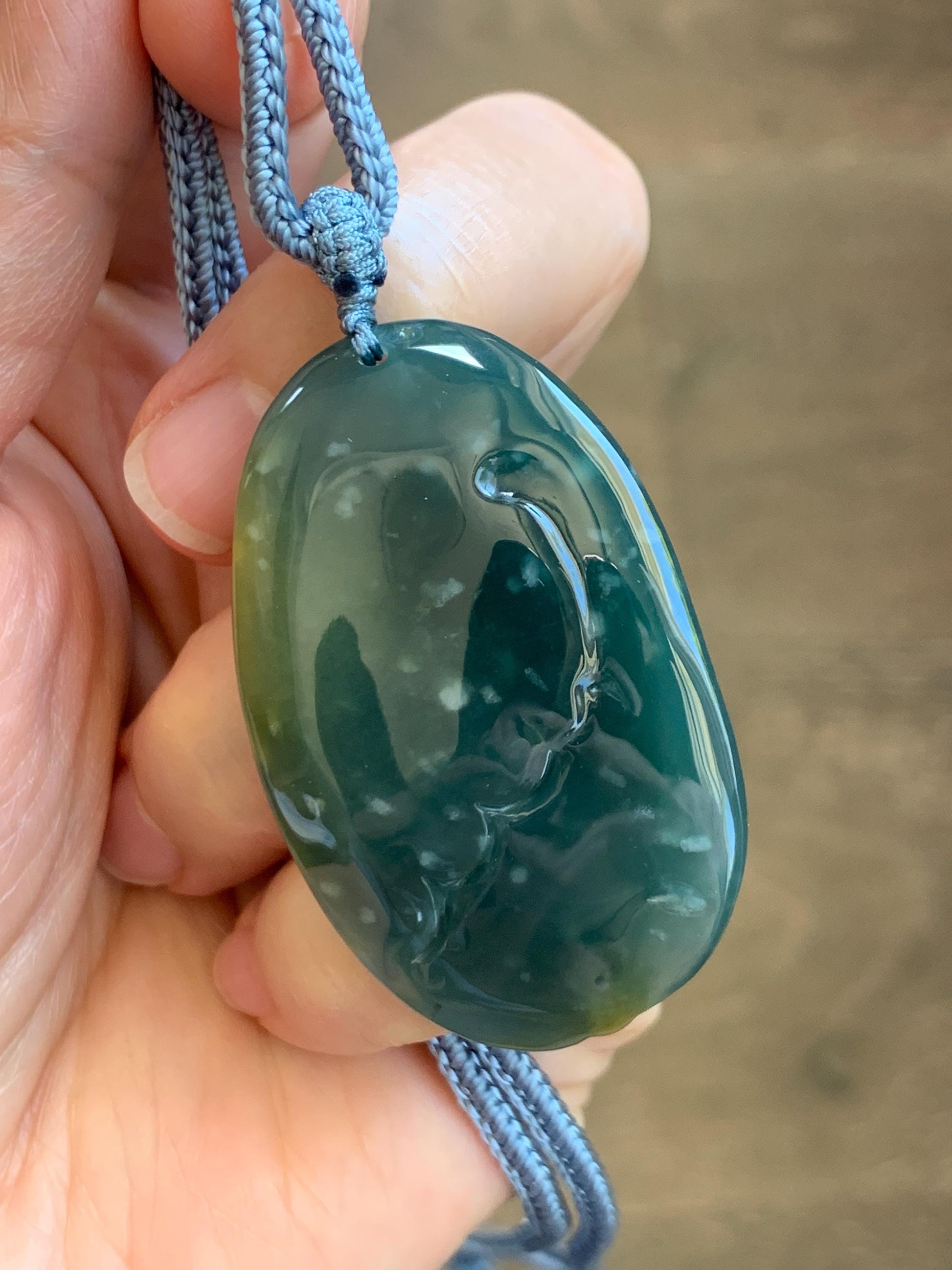 Certified Natural Grade A Guatemalan Icy Dark Teal Yellow Marbled Jadeite Lotus Flower Koi Fish Pendant Rope Necklace 27” 天然冰危蓝加黄翡翠莲花鱼吊坠1157