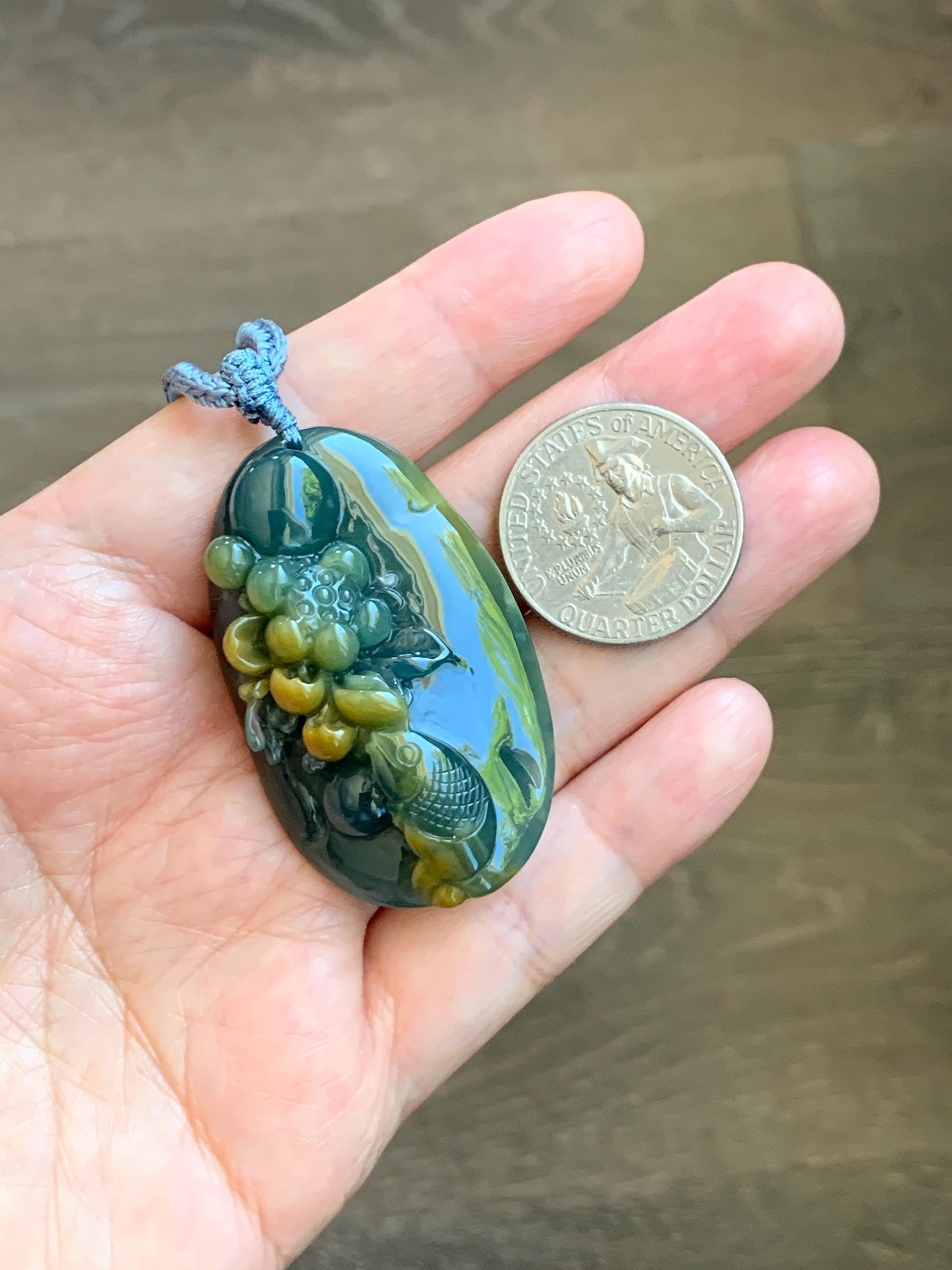 Certified Natural Grade A Guatemalan Icy Dark Teal Yellow Marbled Jadeite Lotus Flower Koi Fish Pendant Rope Necklace 27” 天然冰危蓝加黄翡翠莲花鱼吊坠1157