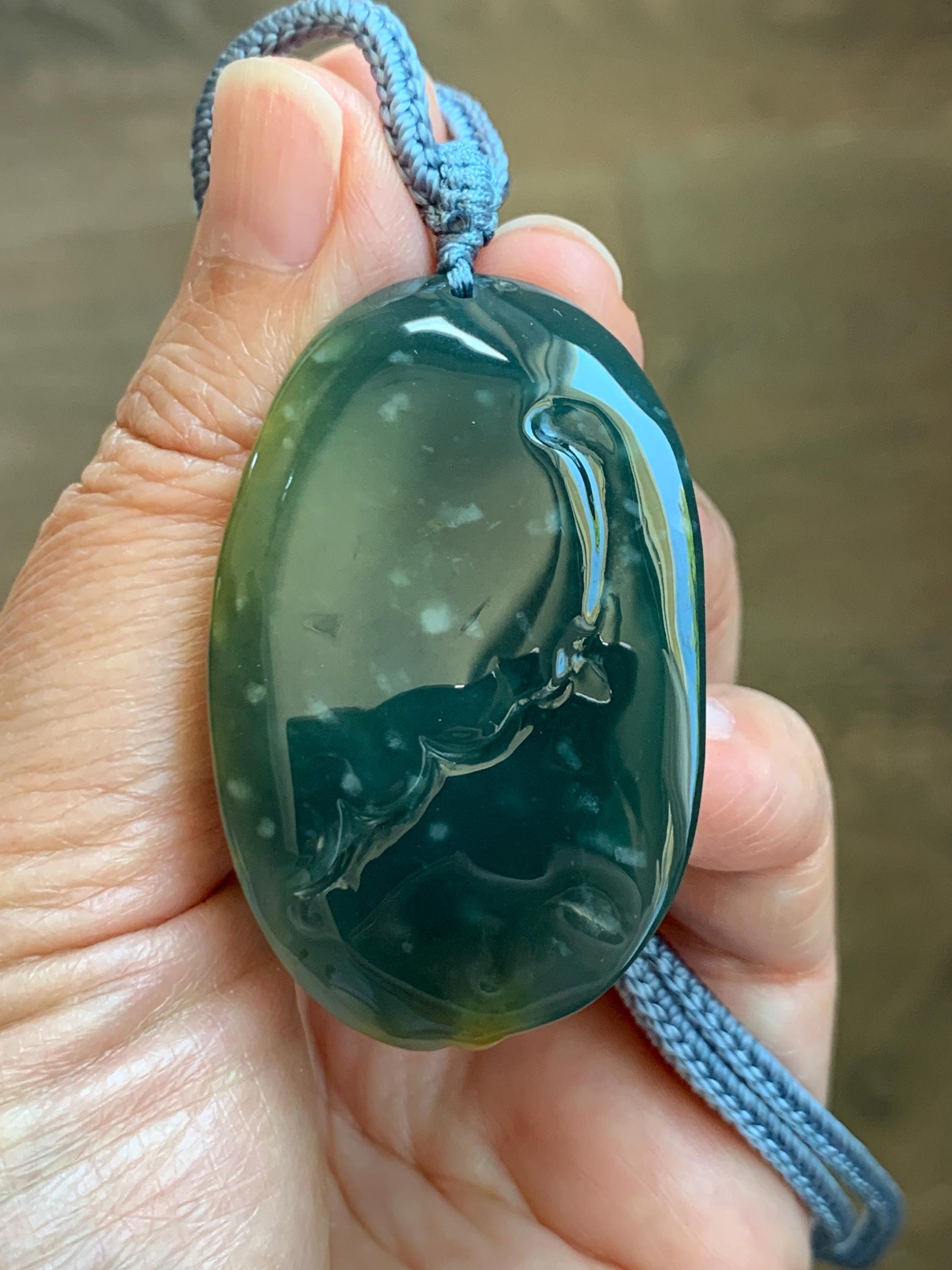 Certified Natural Grade A Guatemalan Icy Dark Teal Yellow Marbled Jadeite Lotus Flower Koi Fish Pendant Rope Necklace 27” 天然冰危蓝加黄翡翠莲花鱼吊坠1157