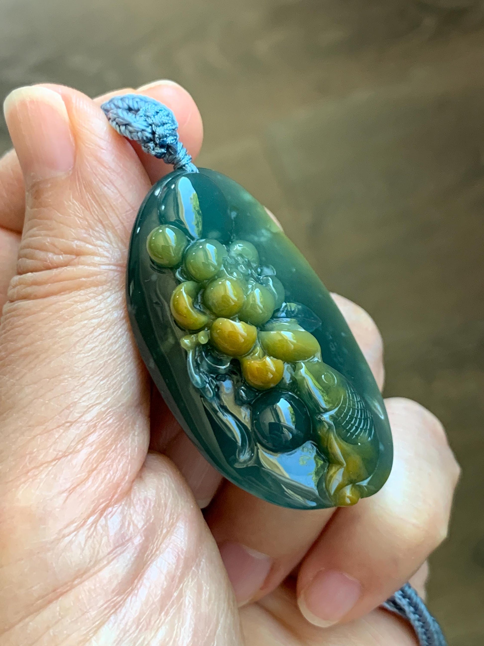 Certified Natural Grade A Guatemalan Icy Dark Teal Yellow Marbled Jadeite Lotus Flower Koi Fish Pendant Rope Necklace 27” 天然冰危蓝加黄翡翠莲花鱼吊坠1157