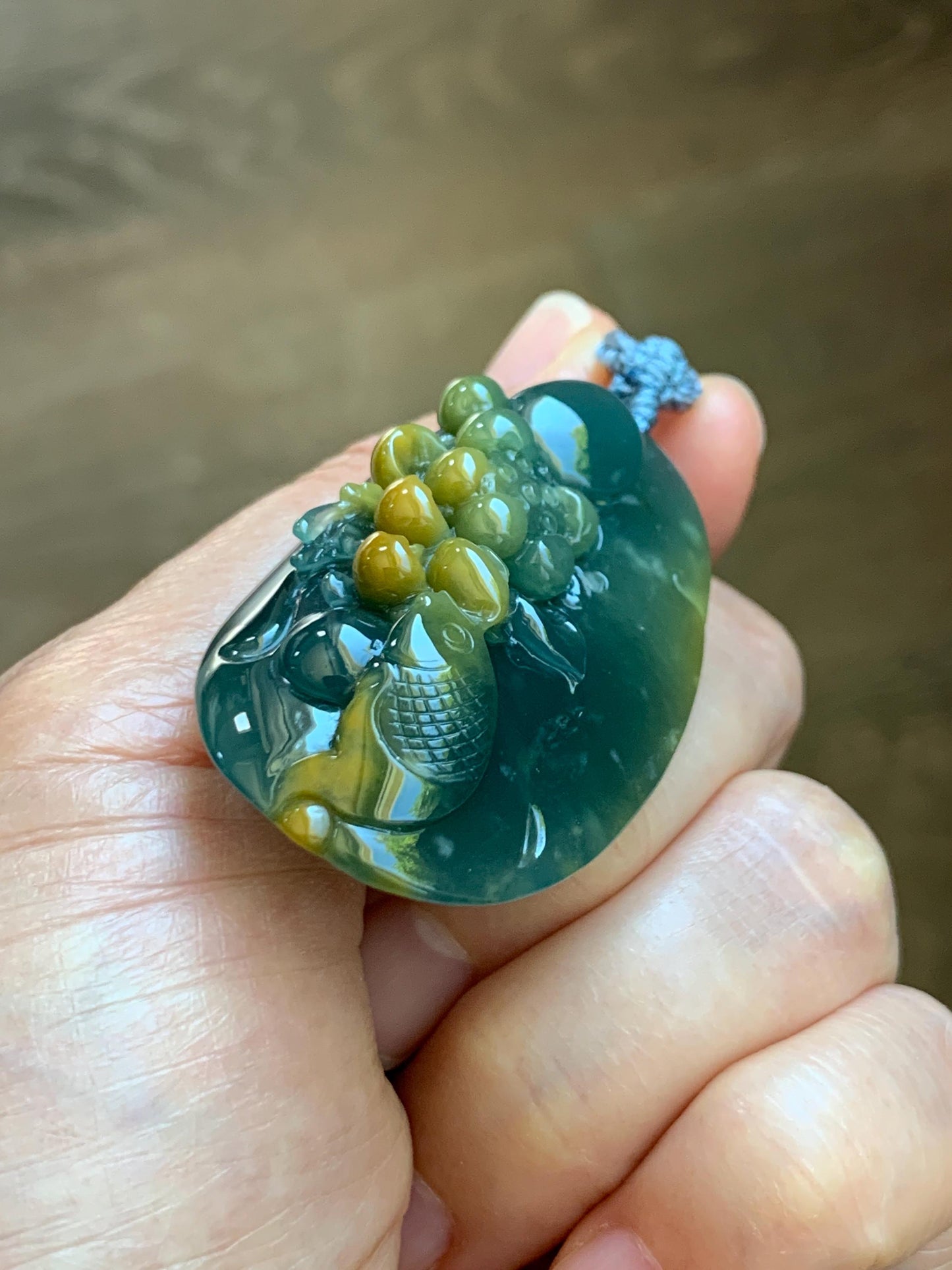 Certified Natural Grade A Guatemalan Icy Dark Teal Yellow Marbled Jadeite Lotus Flower Koi Fish Pendant Rope Necklace 27” 天然冰危蓝加黄翡翠莲花鱼吊坠1157
