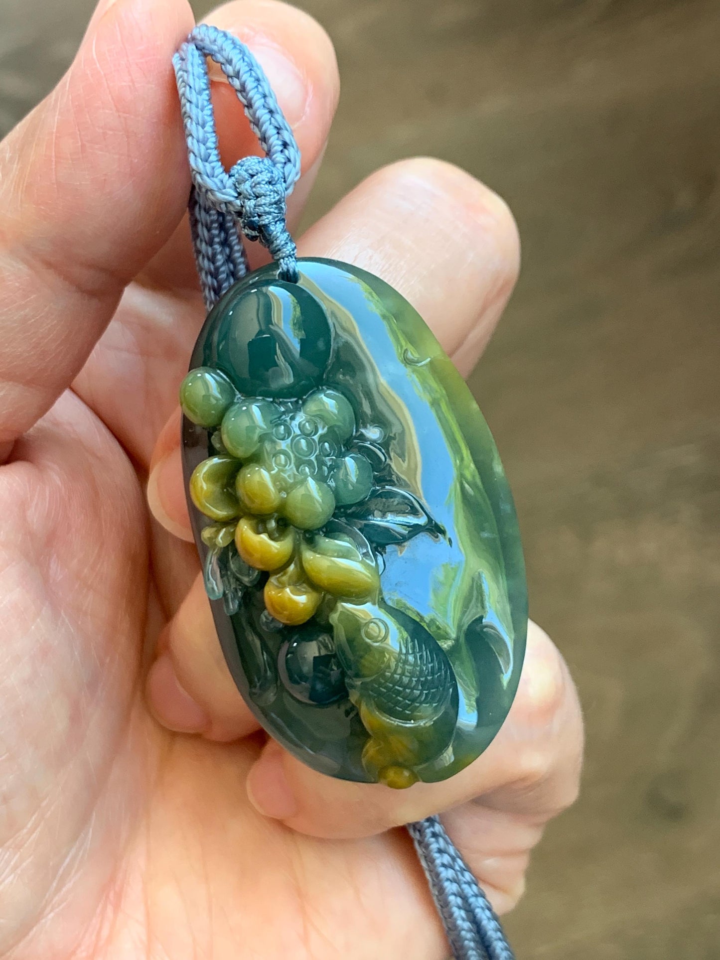 Certified Natural Grade A Guatemalan Icy Dark Teal Yellow Marbled Jadeite Lotus Flower Koi Fish Pendant Rope Necklace 27” 天然冰危蓝加黄翡翠莲花鱼吊坠1157