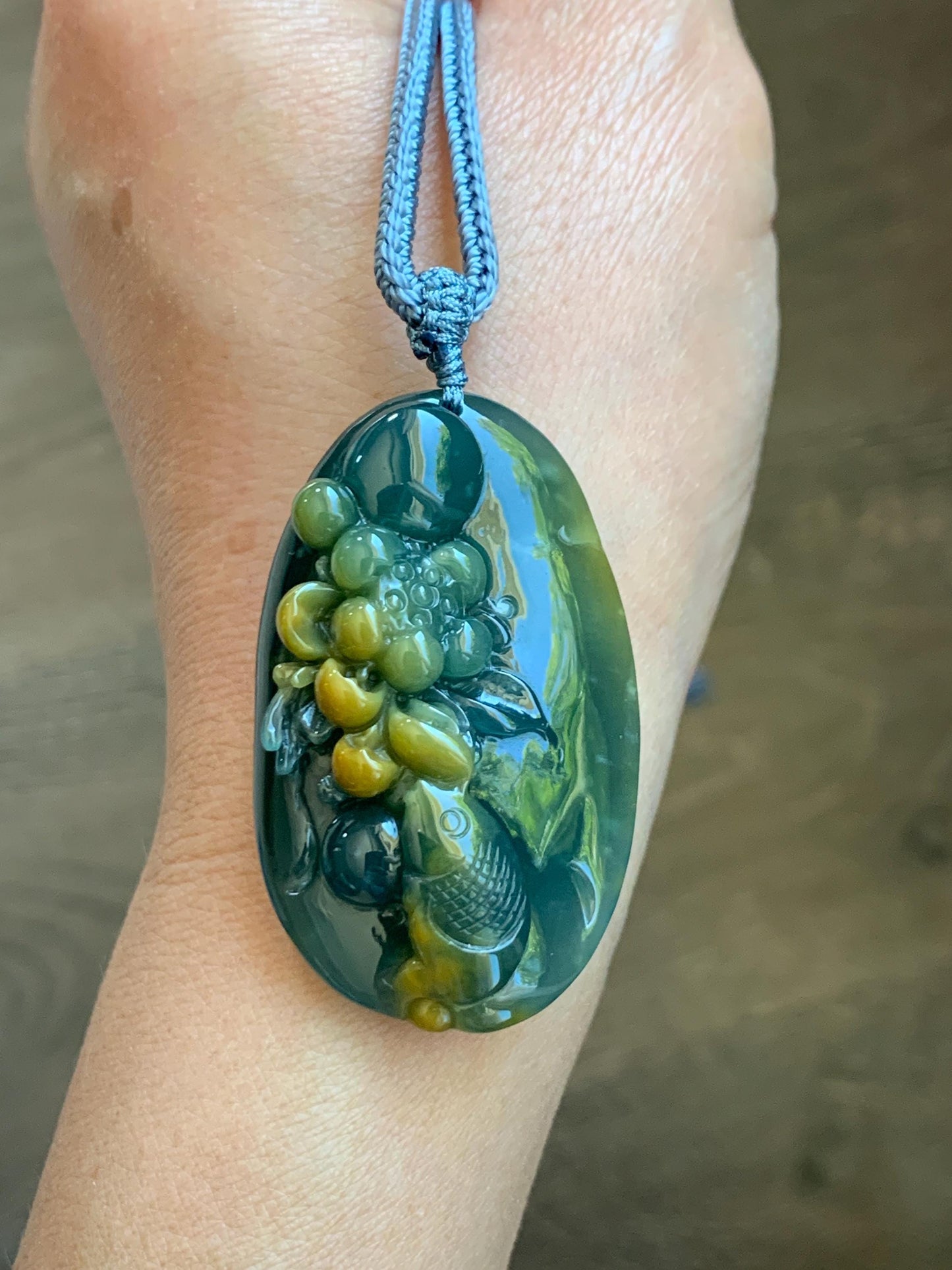 Certified Natural Grade A Guatemalan Icy Dark Teal Yellow Marbled Jadeite Lotus Flower Koi Fish Pendant Rope Necklace 27” 天然冰危蓝加黄翡翠莲花鱼吊坠1157