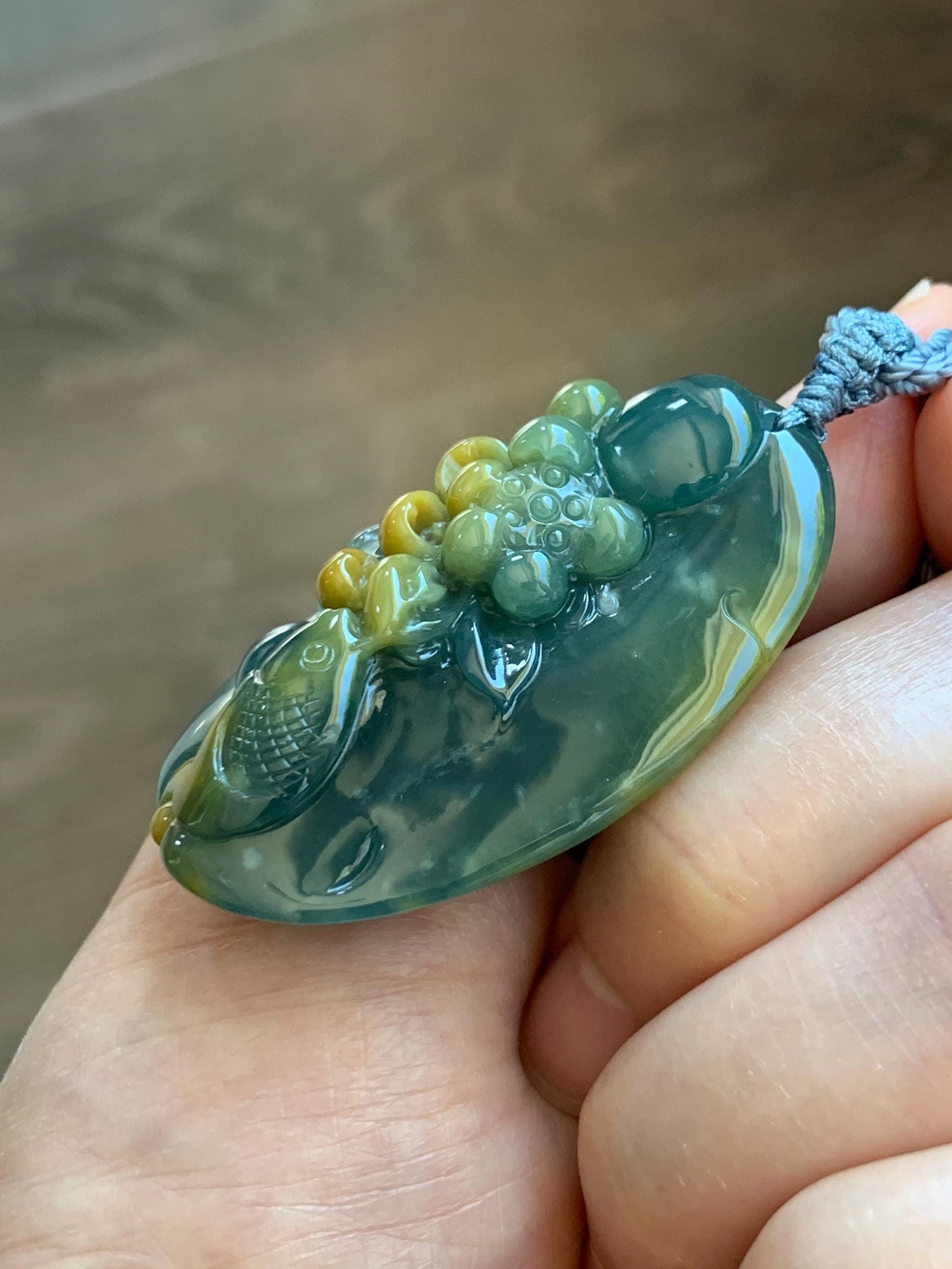 Certified Natural Grade A Guatemalan Icy Dark Teal Yellow Marbled Jadeite Lotus Flower Koi Fish Pendant Rope Necklace 27” 天然冰危蓝加黄翡翠莲花鱼吊坠1157