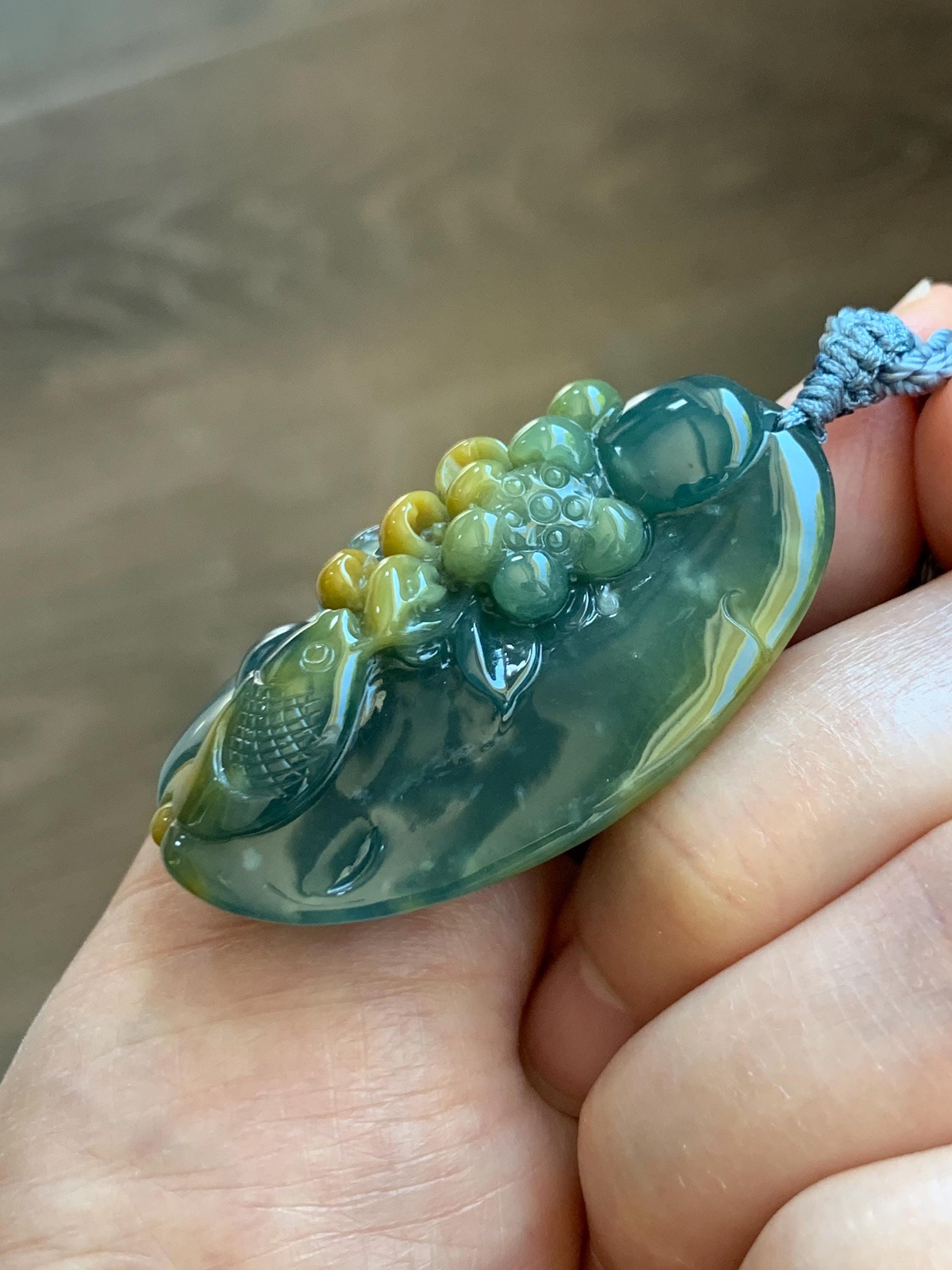 Certified Natural Grade A Guatemalan Icy Dark Teal Yellow Marbled Jadeite Lotus Flower Koi Fish Pendant Rope Necklace 27” 天然冰危蓝加黄翡翠莲花鱼吊坠1157