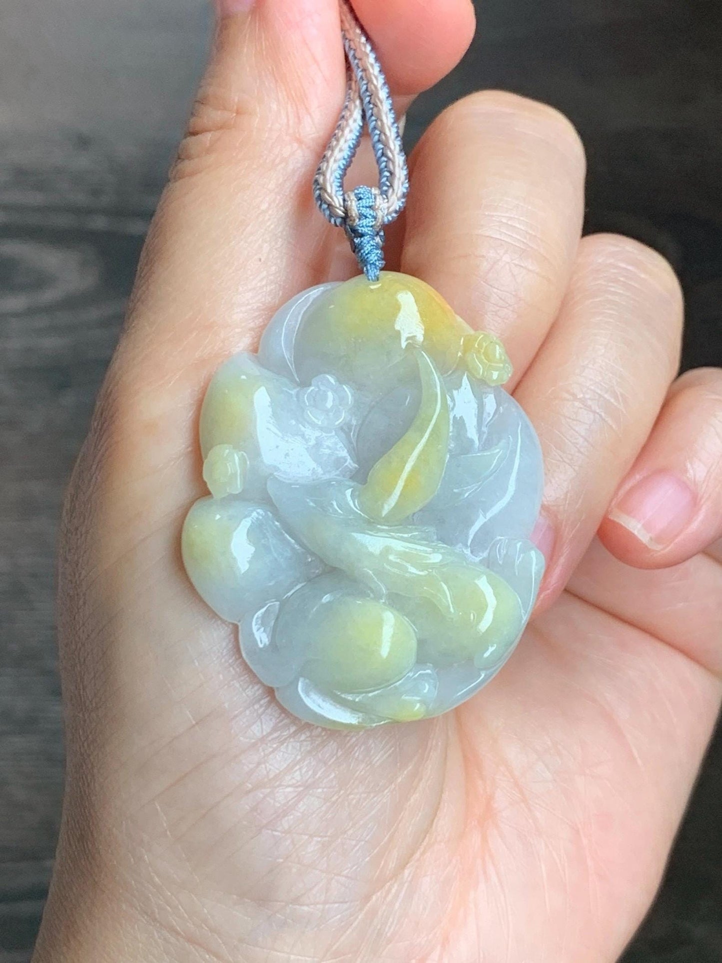 Certified Natural Grade A Icy Translucent White Yellow Marbled Jade Jadeite Nine-Tailed Fox Pendant Rope Necklace 28” 天然白冰飘黄翡翠九尾狐吊坠项链 259