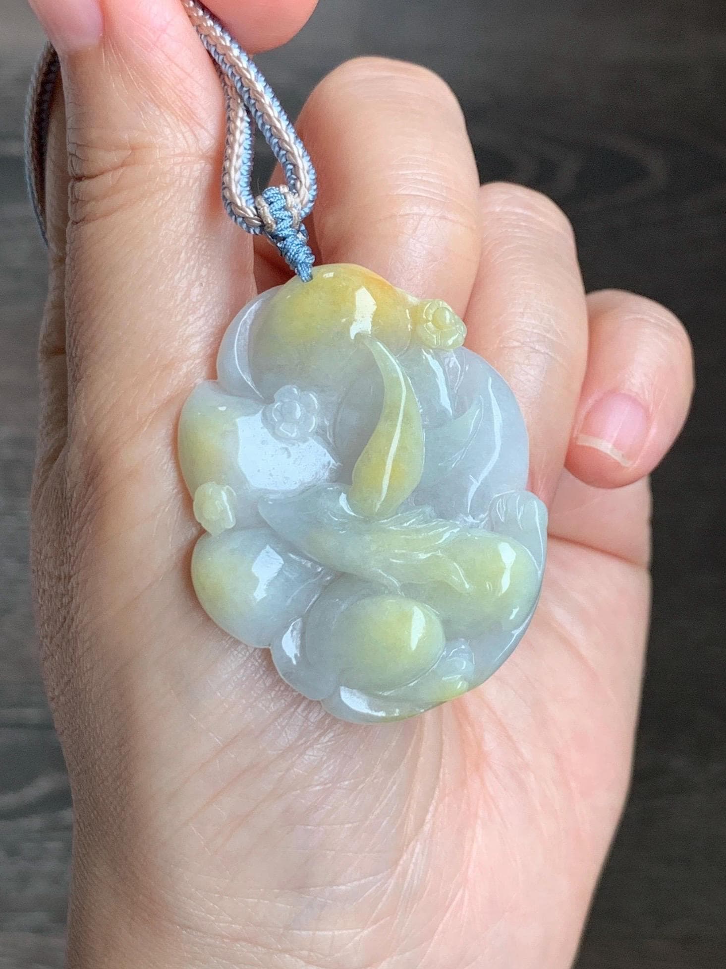 Certified Natural Grade A Icy Translucent White Yellow Marbled Jade Jadeite Nine-Tailed Fox Pendant Rope Necklace 28” 天然白冰飘黄翡翠九尾狐吊坠项链 259