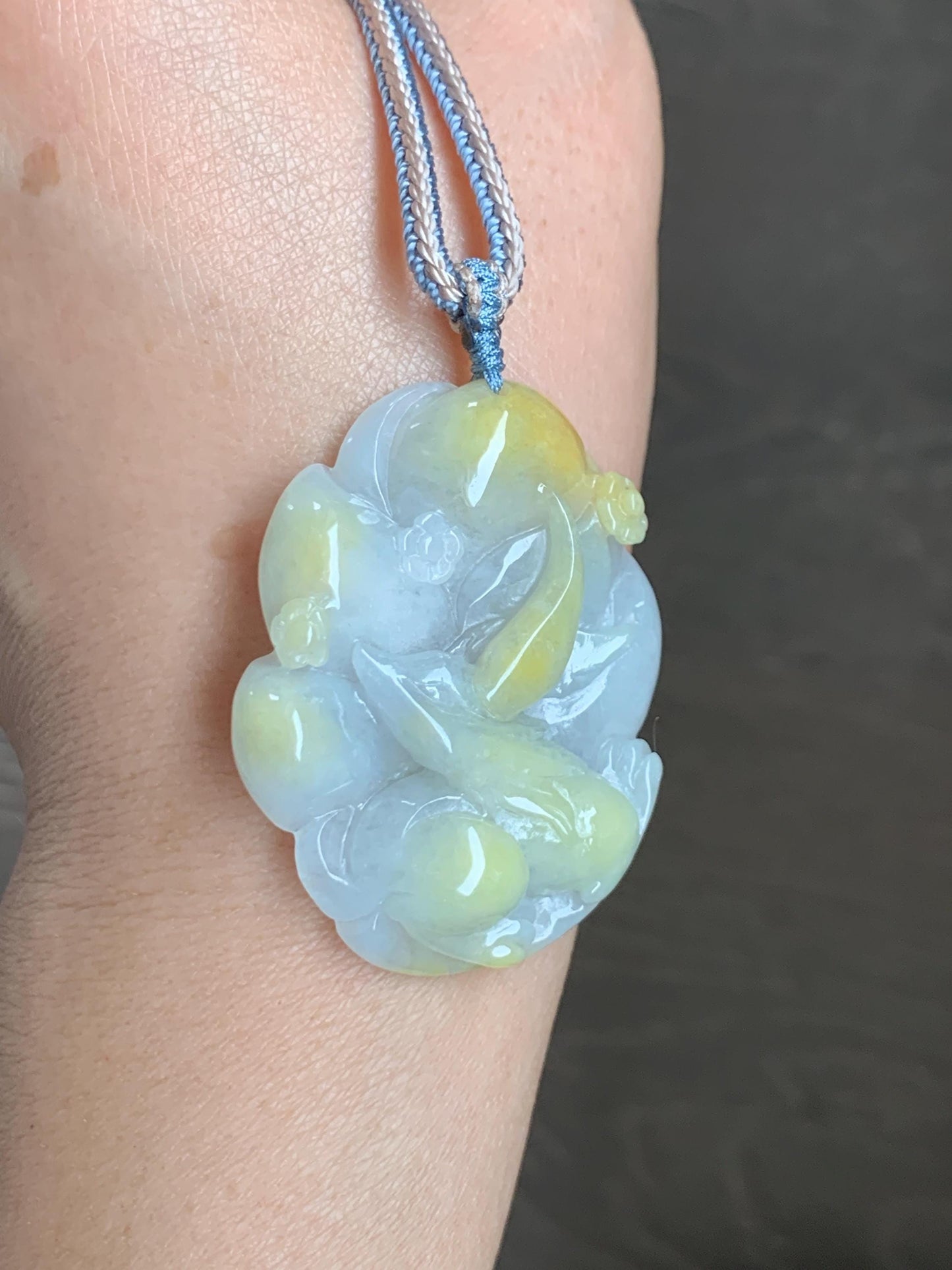 Certified Natural Grade A Icy Translucent White Yellow Marbled Jade Jadeite Nine-Tailed Fox Pendant Rope Necklace 28” 天然白冰飘黄翡翠九尾狐吊坠项链 259