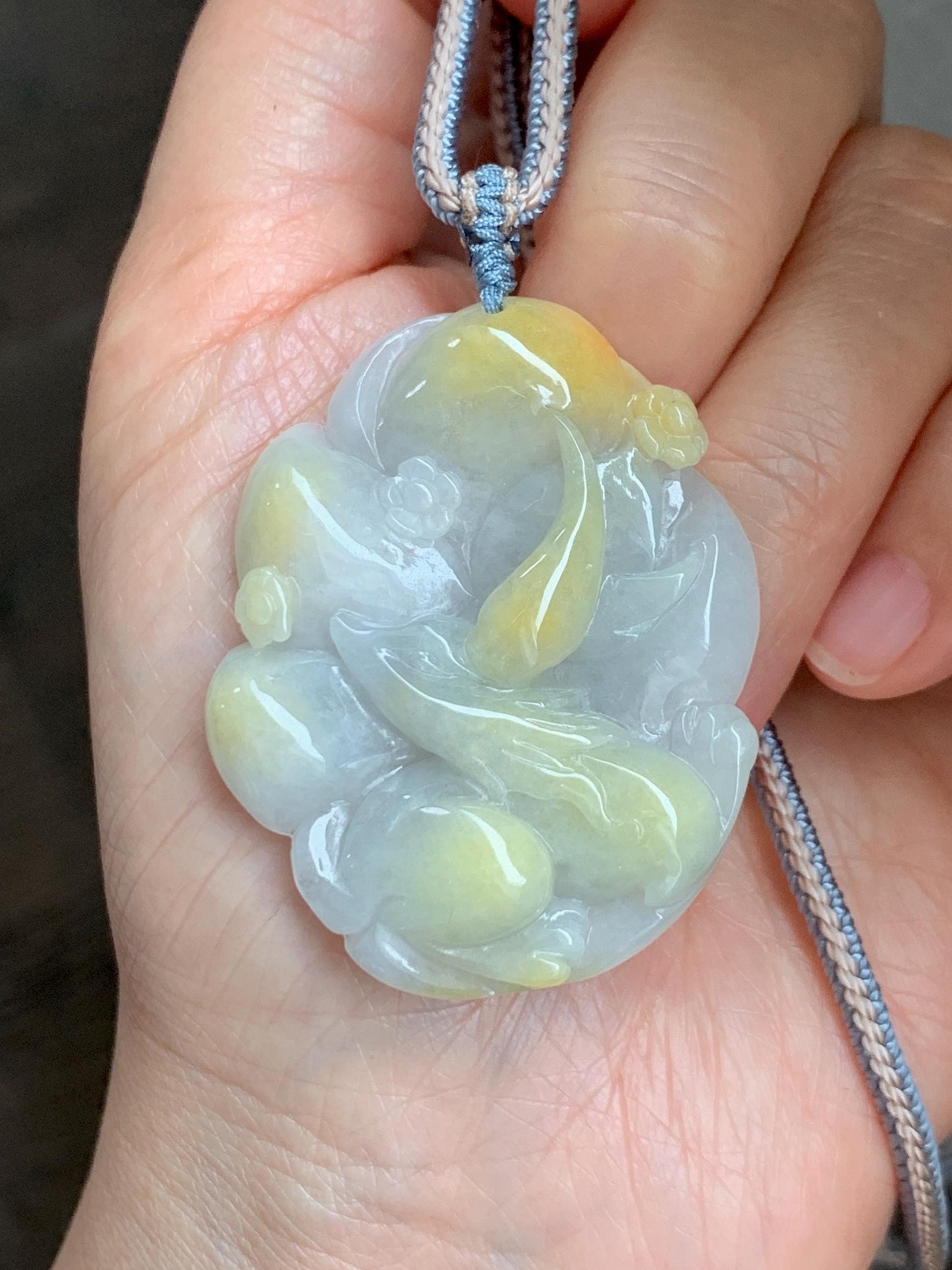 Certified Natural Grade A Icy Translucent White Yellow Marbled Jade Jadeite Nine-Tailed Fox Pendant Rope Necklace 28” 天然白冰飘黄翡翠九尾狐吊坠项链 259