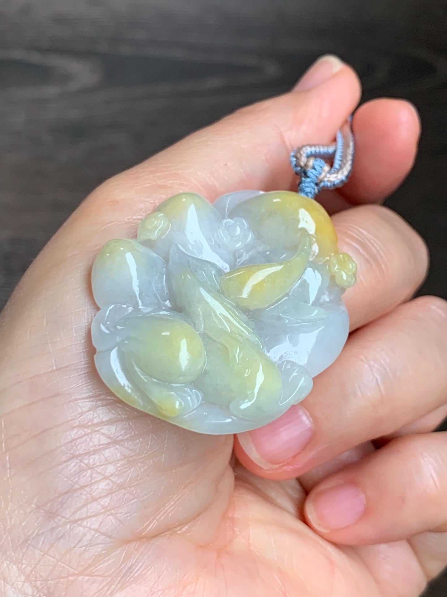 Certified Natural Grade A Icy Translucent White Yellow Marbled Jade Jadeite Nine-Tailed Fox Pendant Rope Necklace 28” 天然白冰飘黄翡翠九尾狐吊坠项链 259