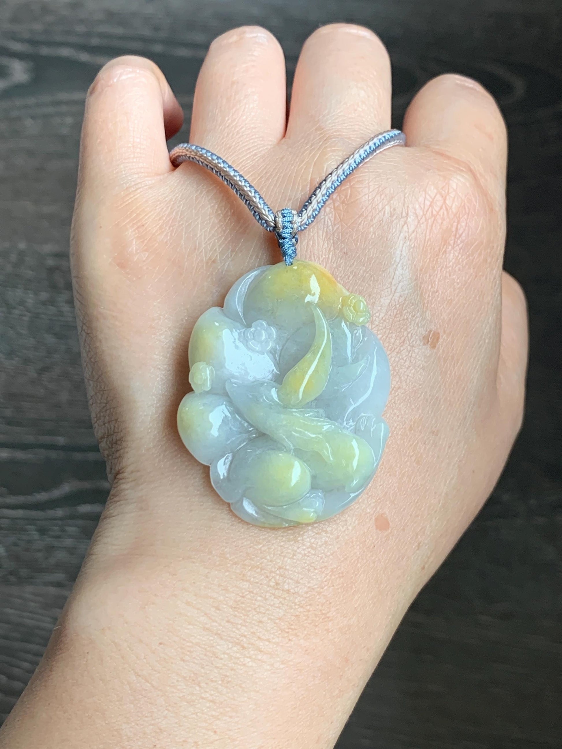 Certified Natural Grade A Icy Translucent White Yellow Marbled Jade Jadeite Nine-Tailed Fox Pendant Rope Necklace 28” 天然白冰飘黄翡翠九尾狐吊坠项链 259