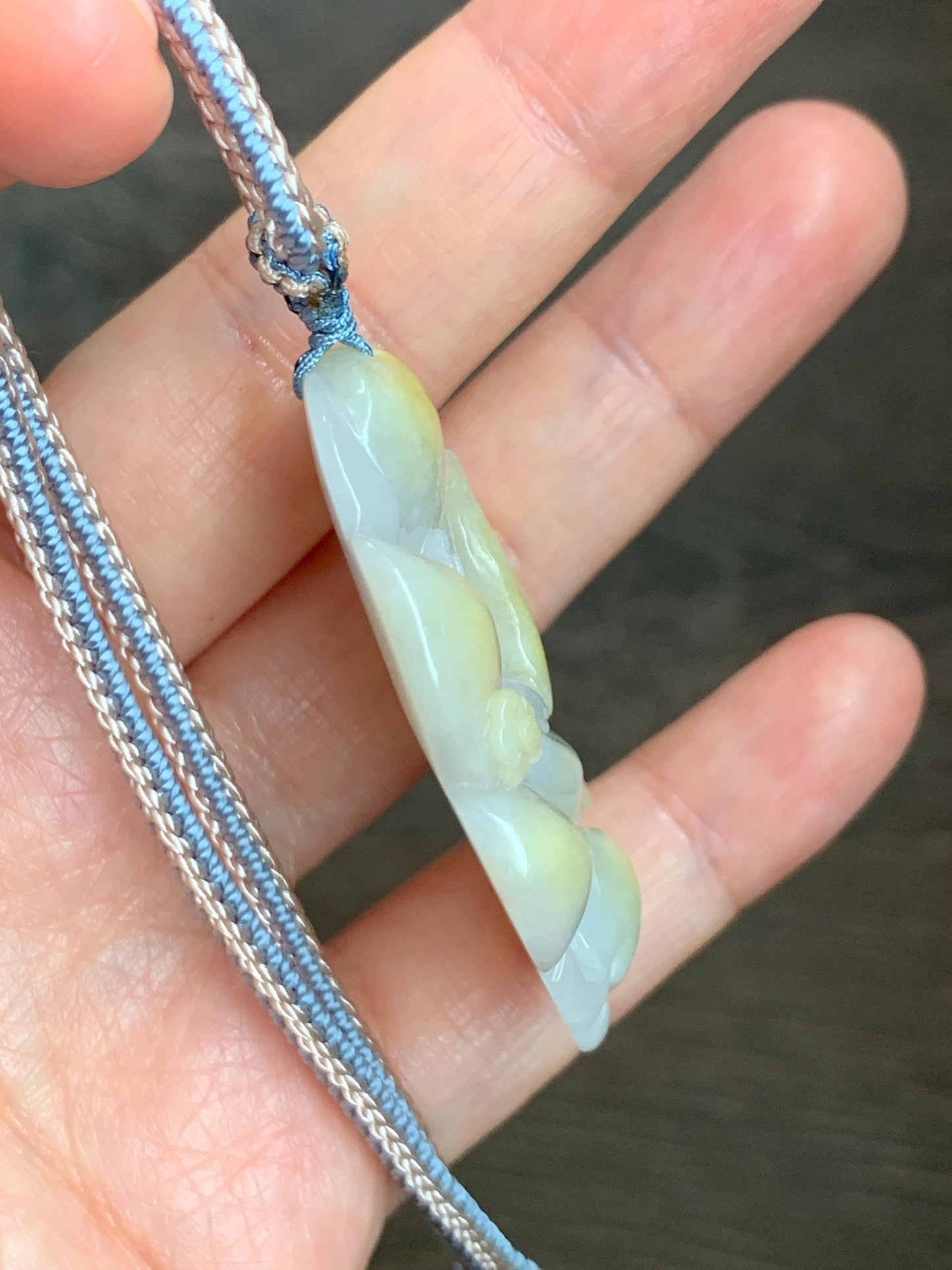 Certified Natural Grade A Icy Translucent White Yellow Marbled Jade Jadeite Nine-Tailed Fox Pendant Rope Necklace 28” 天然白冰飘黄翡翠九尾狐吊坠项链 259