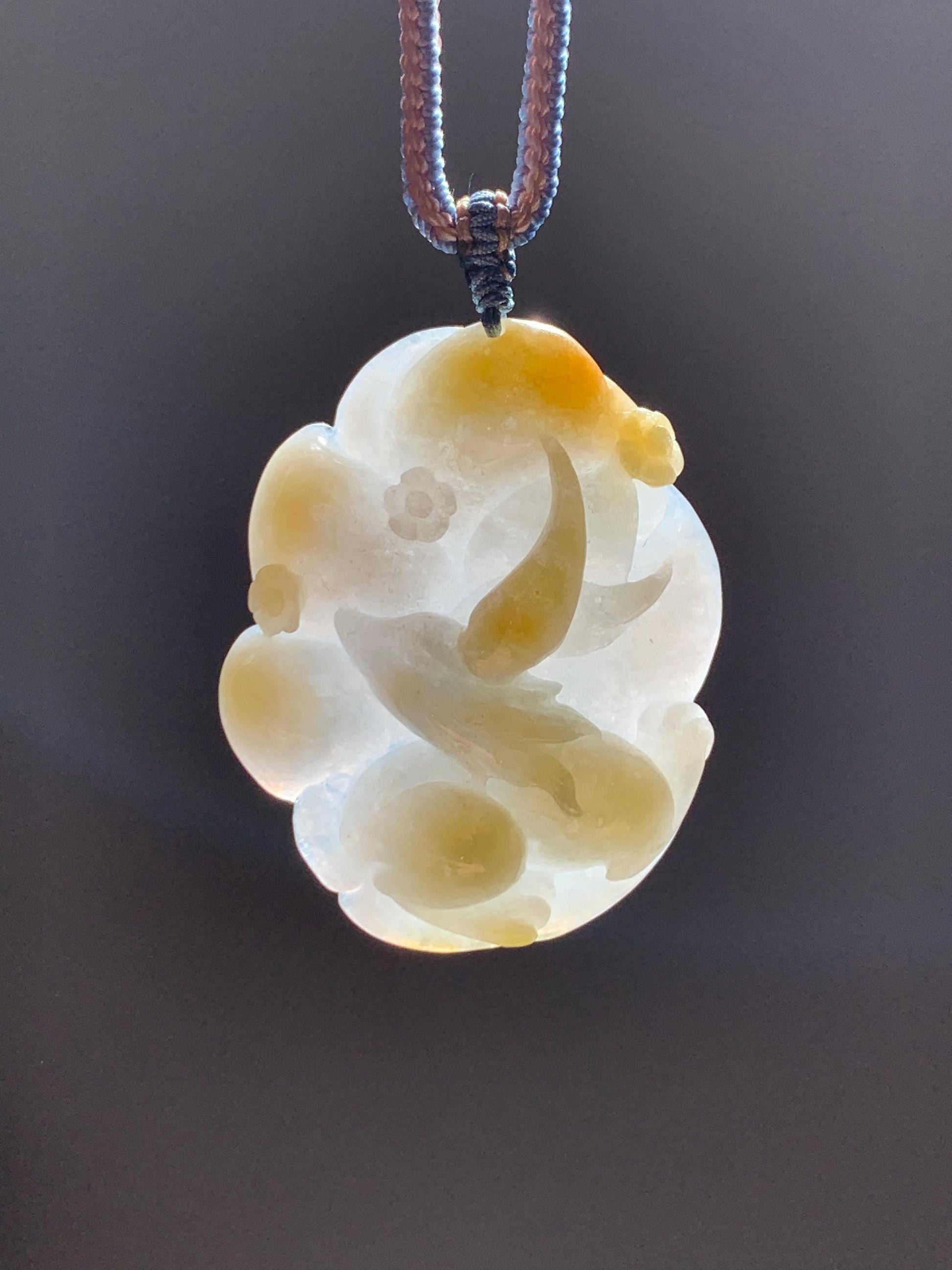Certified Natural Grade A Icy Translucent White Yellow Marbled Jade Jadeite Nine-Tailed Fox Pendant Rope Necklace 28” 天然白冰飘黄翡翠九尾狐吊坠项链 259
