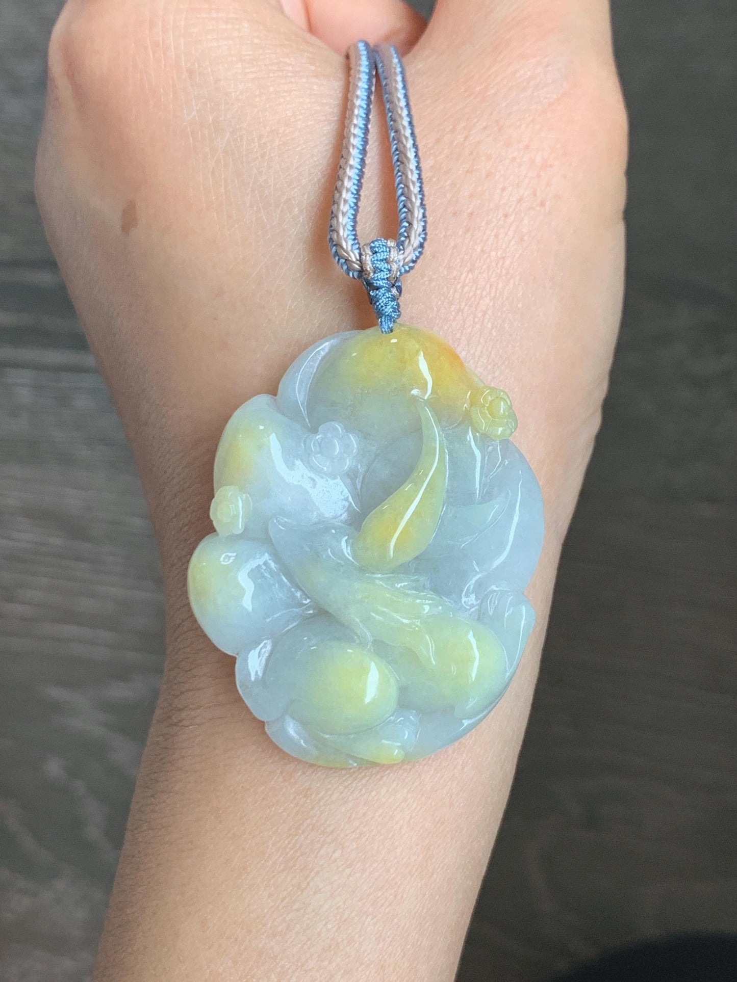 Certified Natural Grade A Icy Translucent White Yellow Marbled Jade Jadeite Nine-Tailed Fox Pendant Rope Necklace 28” 天然白冰飘黄翡翠九尾狐吊坠项链 259