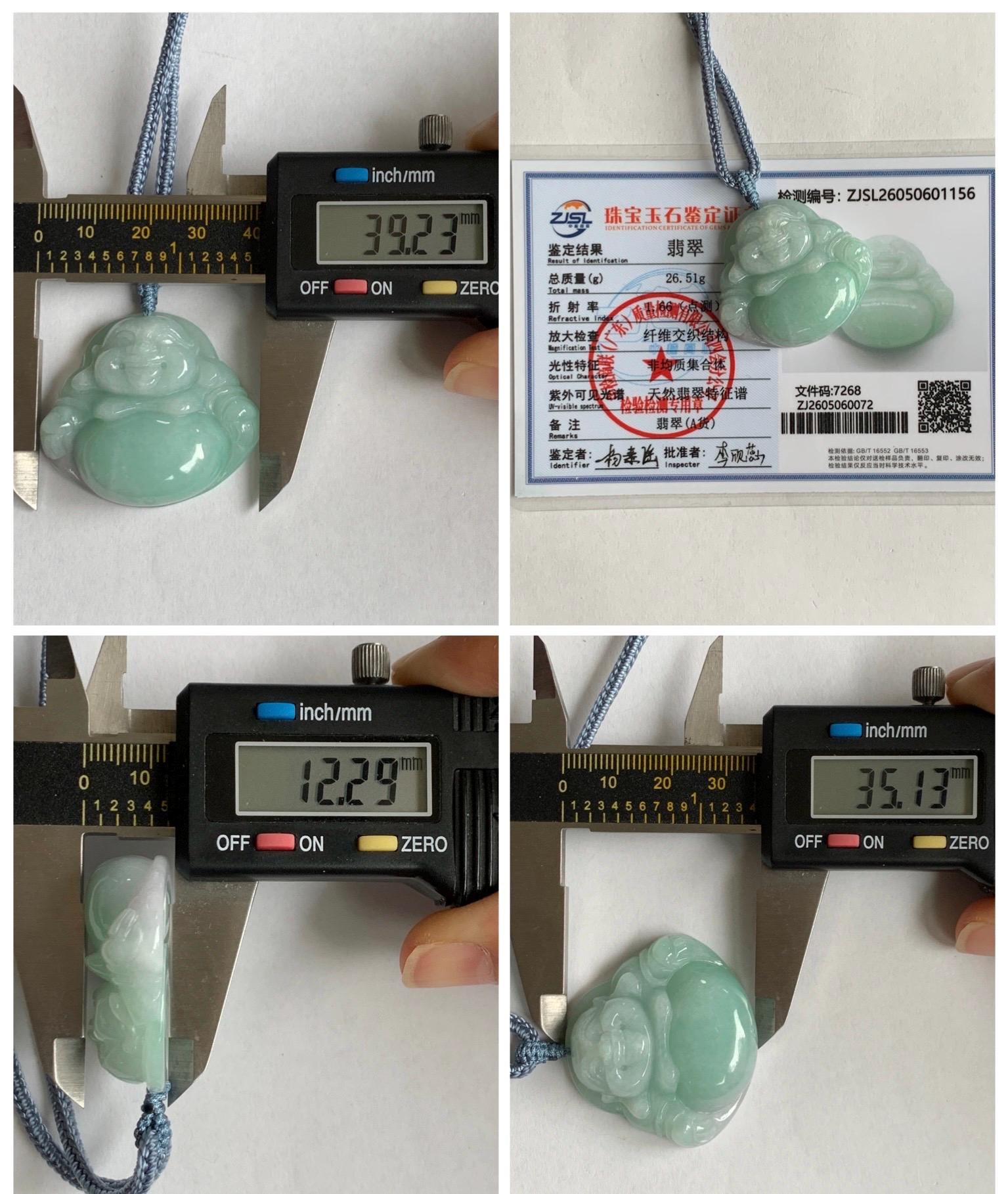 Certified Natural Grade A Icy Translucent Light Green Jade Jadeite Large Buddha Pendant Rope Necklace 27" 天然细糯浅绿翡翠佛公吊坠 1156