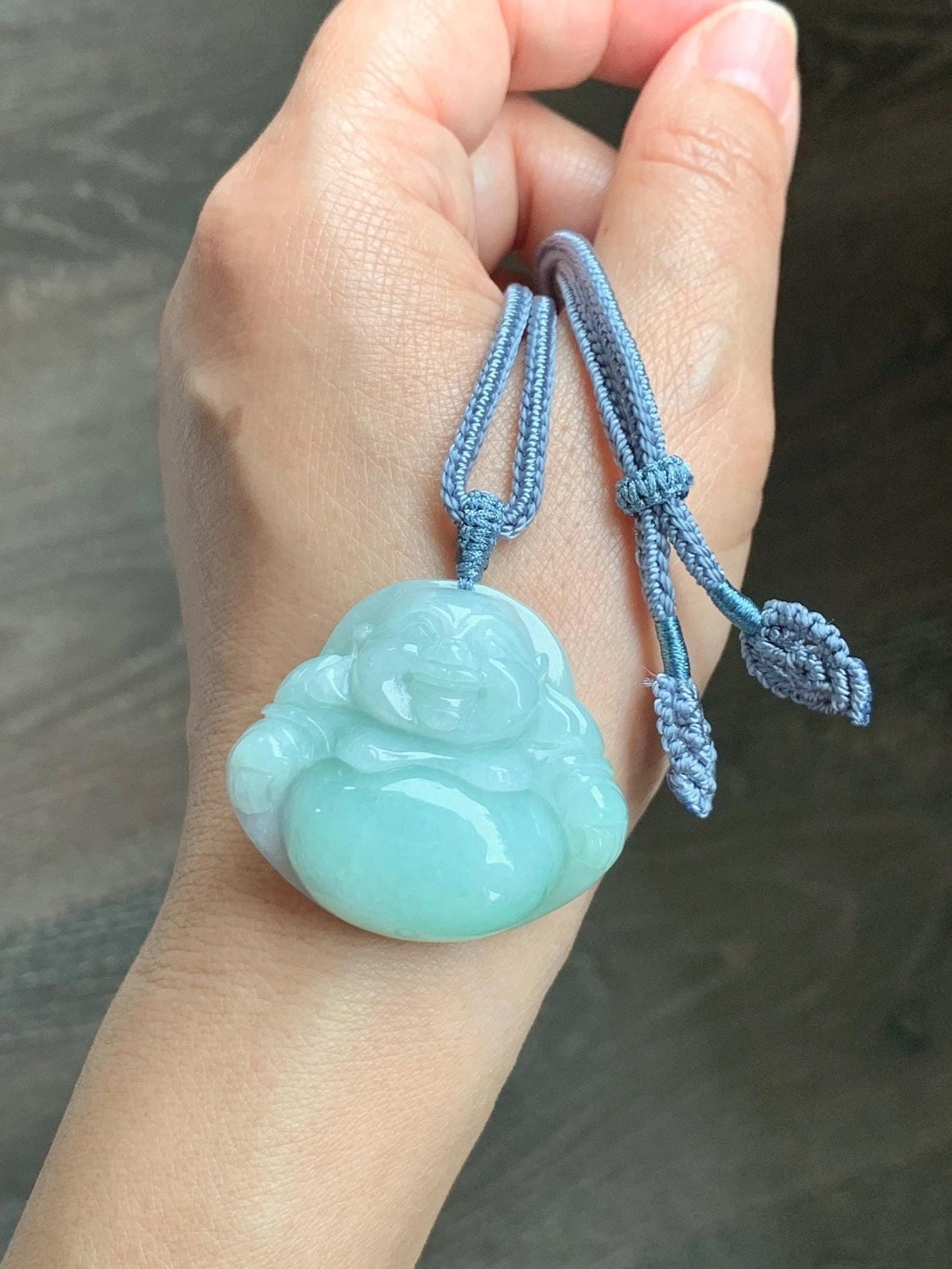 Certified Natural Grade A Icy Translucent Light Green Jade Jadeite Large Buddha Pendant Rope Necklace 27" 天然细糯浅绿翡翠佛公吊坠 1156