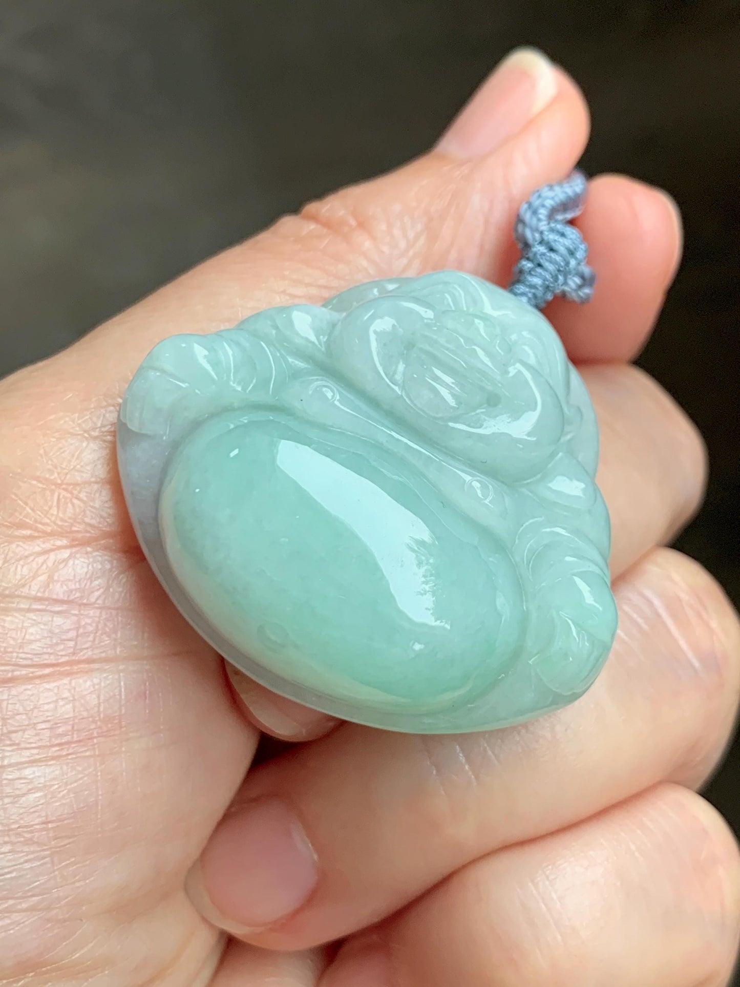 Certified Natural Grade A Icy Translucent Light Green Jade Jadeite Large Buddha Pendant Rope Necklace 27" 天然细糯浅绿翡翠佛公吊坠 1156