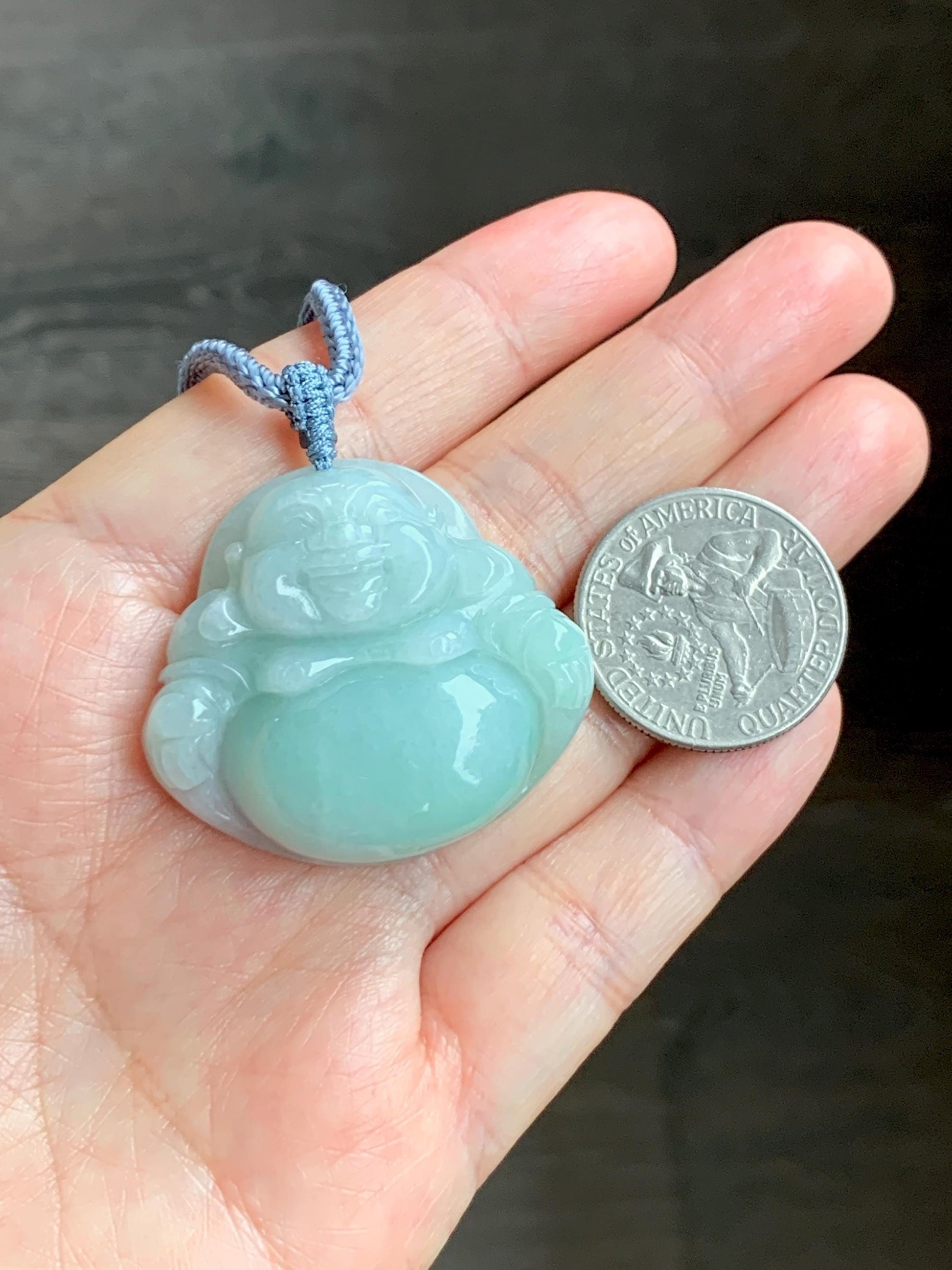 Certified Natural Grade A Icy Translucent Light Green Jade Jadeite Large Buddha Pendant Rope Necklace 27" 天然细糯浅绿翡翠佛公吊坠 1156