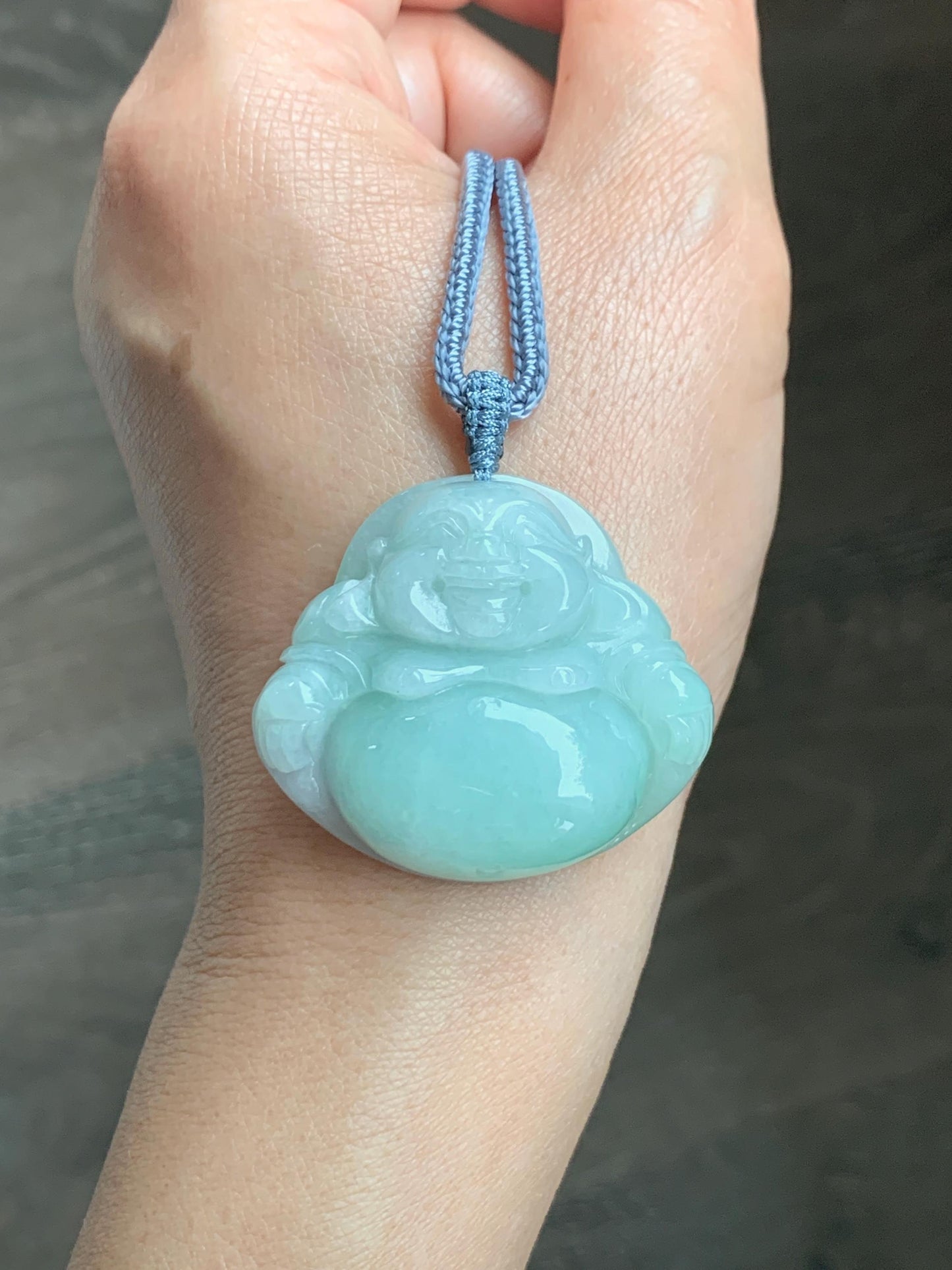Certified Natural Grade A Icy Translucent Light Green Jade Jadeite Large Buddha Pendant Rope Necklace 27" 天然细糯浅绿翡翠佛公吊坠 1156