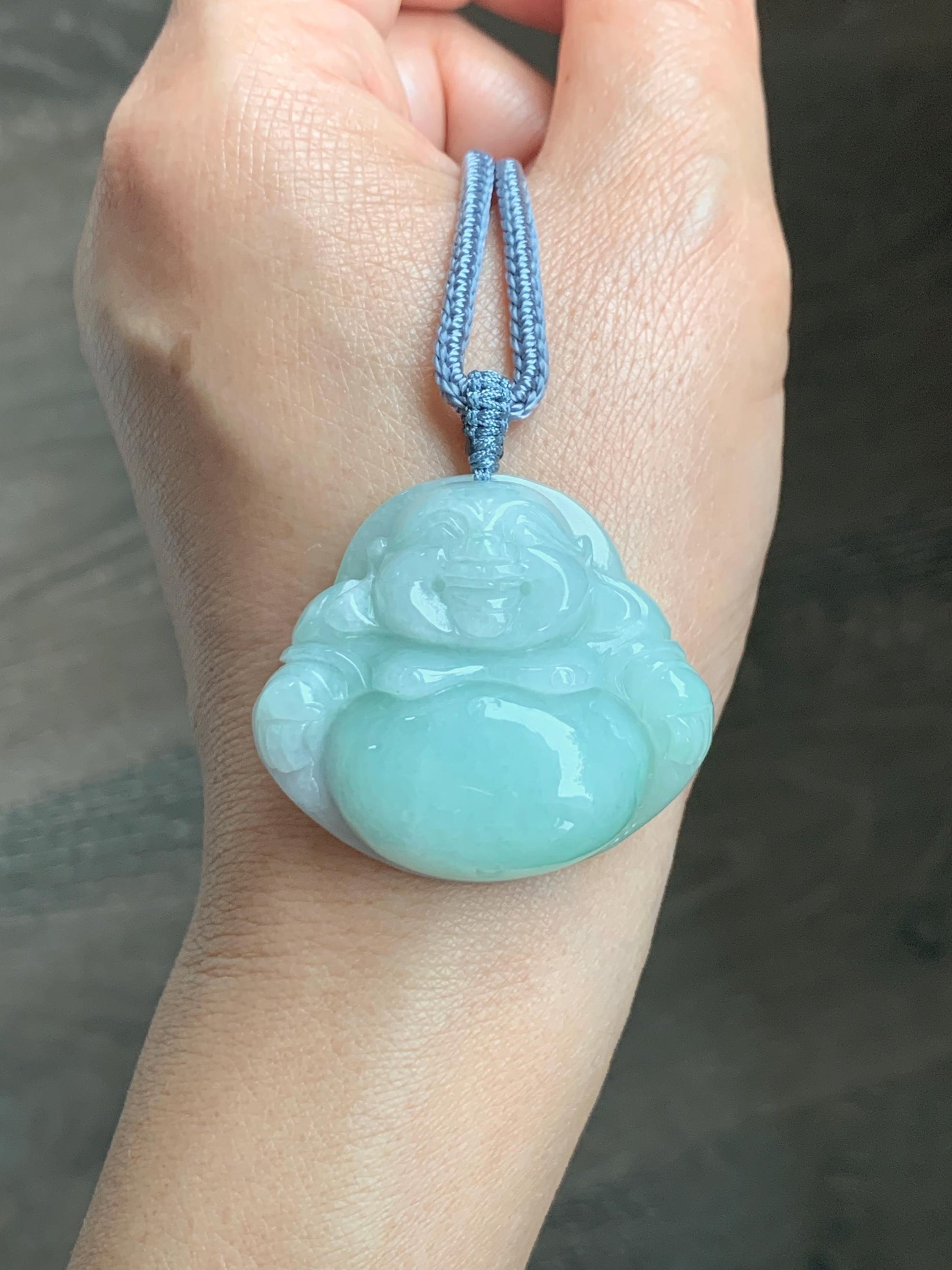 Certified Natural Grade A Icy Translucent Light Green Jade Jadeite Large Buddha Pendant Rope Necklace 27" 天然细糯浅绿翡翠佛公吊坠 1156