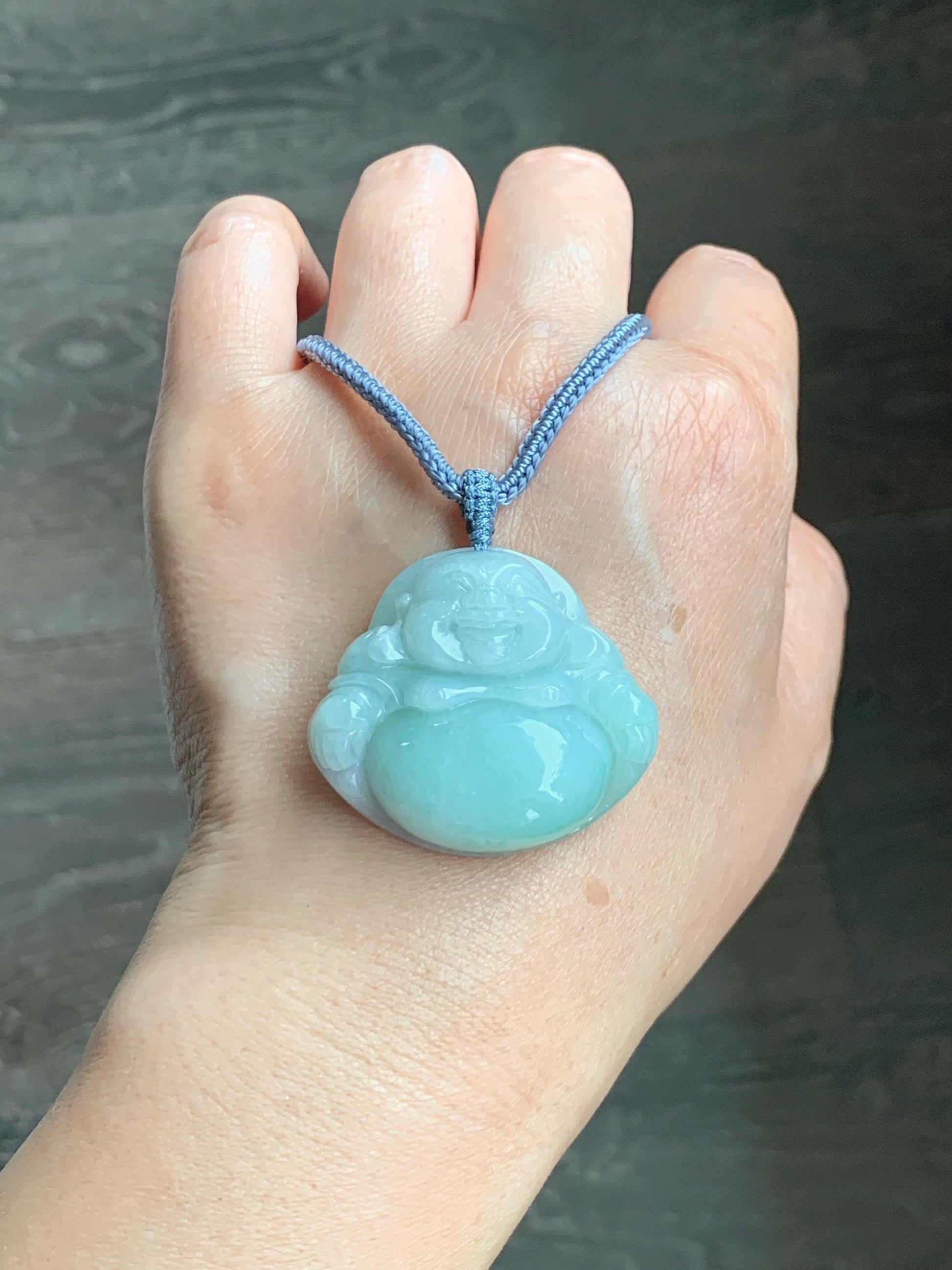 Certified Natural Grade A Icy Translucent Light Green Jade Jadeite Large Buddha Pendant Rope Necklace 27" 天然细糯浅绿翡翠佛公吊坠 1156