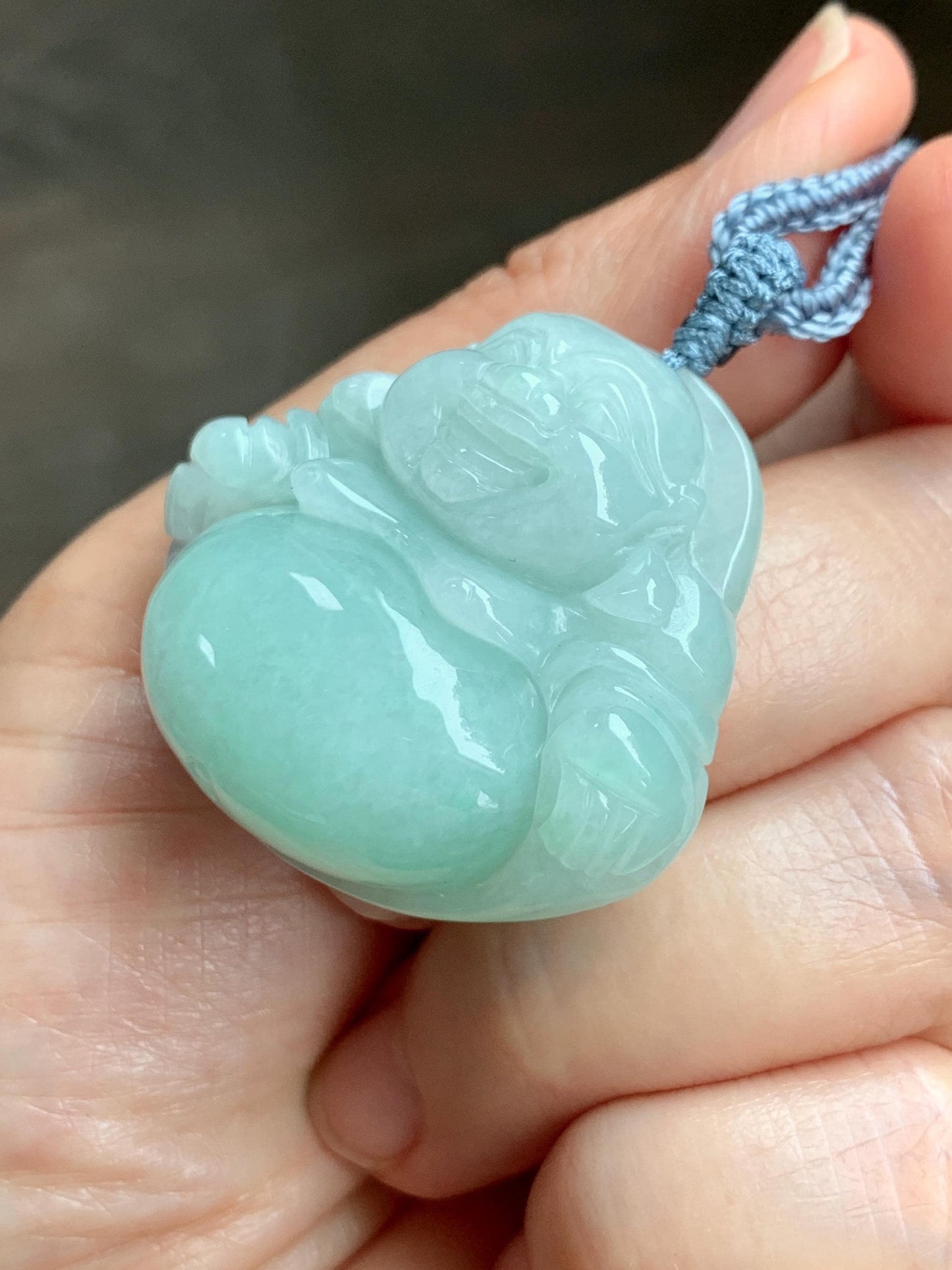 Certified Natural Grade A Icy Translucent Light Green Jade Jadeite Large Buddha Pendant Rope Necklace 27" 天然细糯浅绿翡翠佛公吊坠 1156