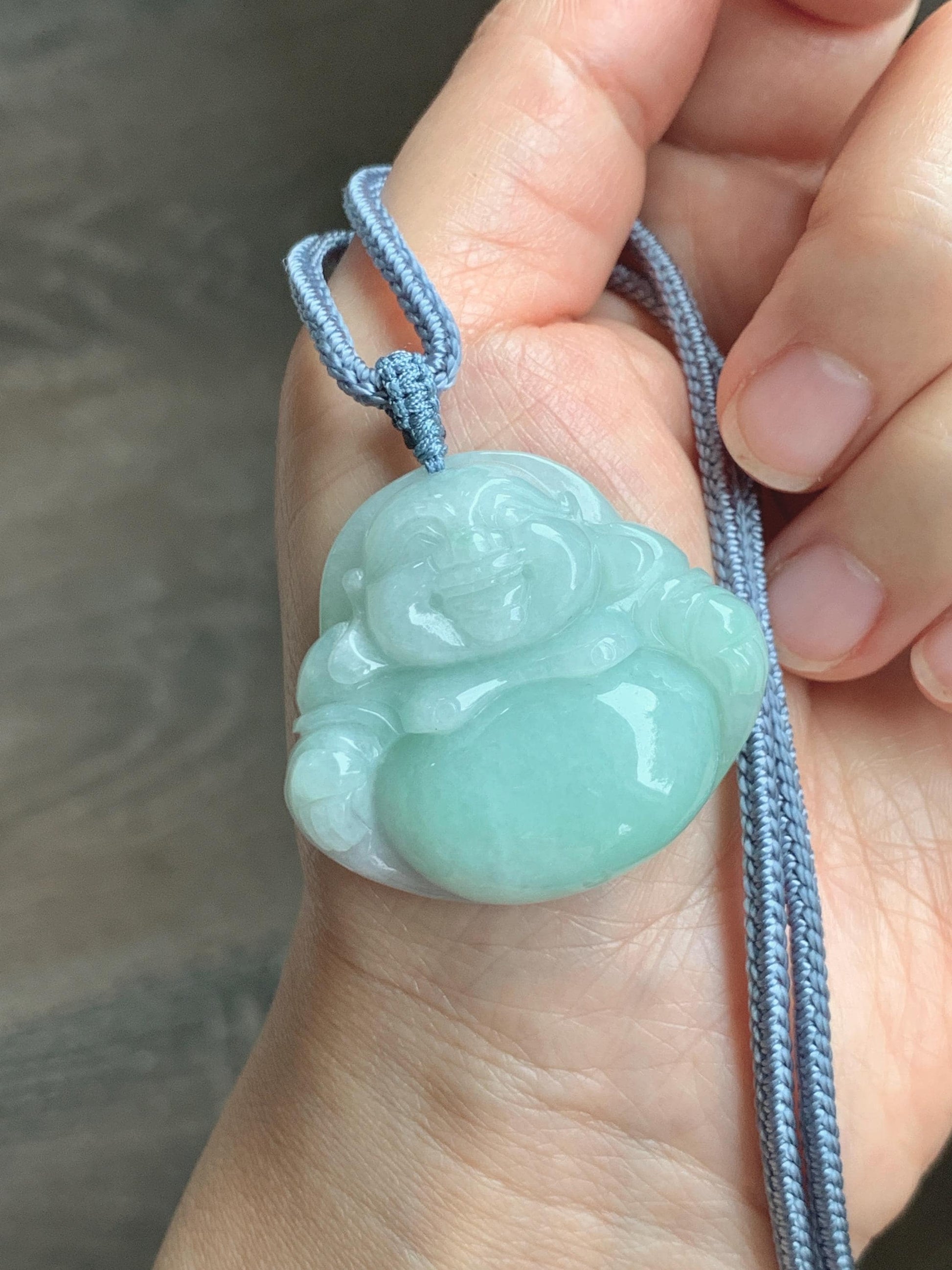 Certified Natural Grade A Icy Translucent Light Green Jade Jadeite Large Buddha Pendant Rope Necklace 27" 天然细糯浅绿翡翠佛公吊坠 1156