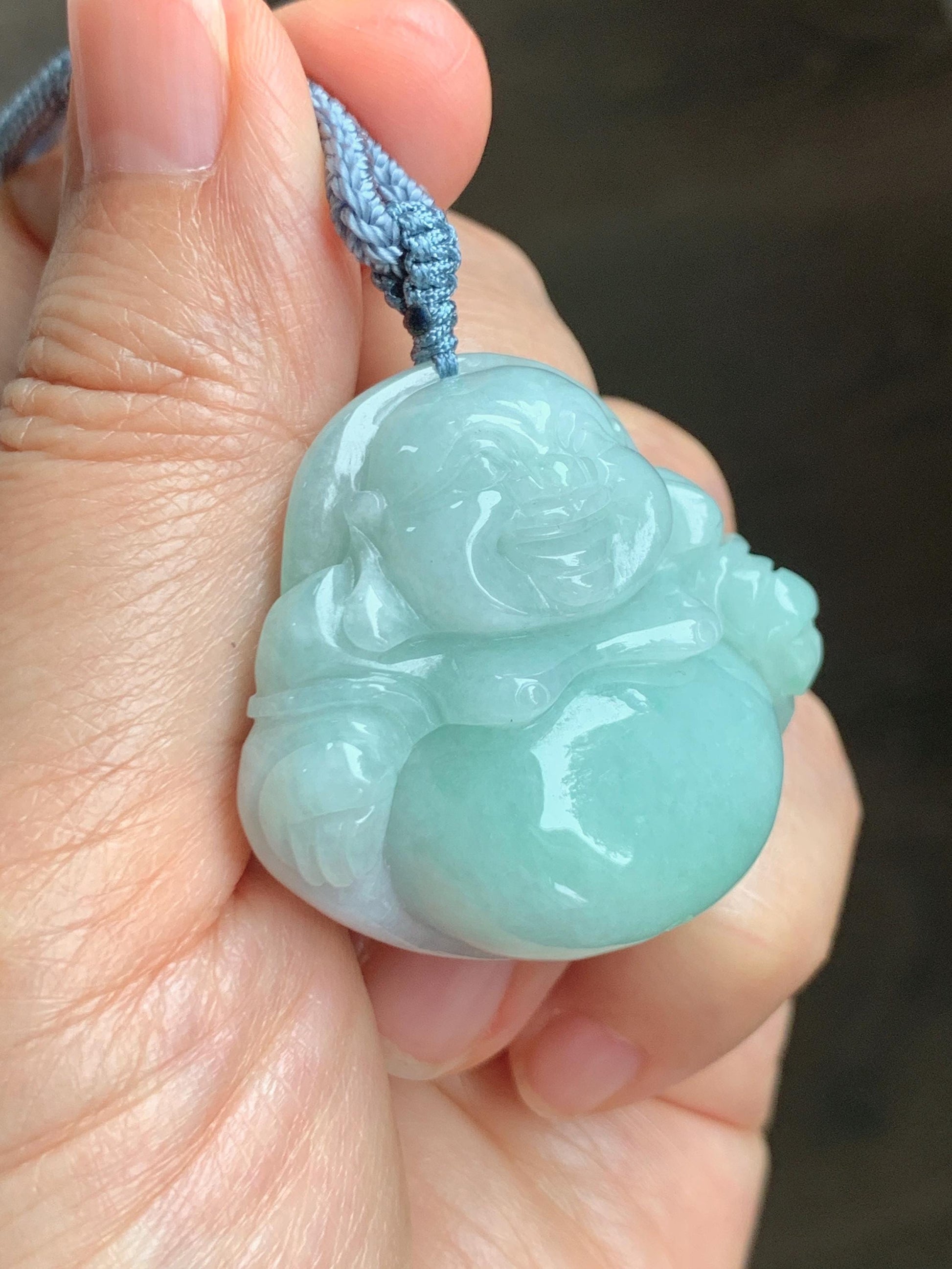 Certified Natural Grade A Icy Translucent Light Green Jade Jadeite Large Buddha Pendant Rope Necklace 27" 天然细糯浅绿翡翠佛公吊坠 1156