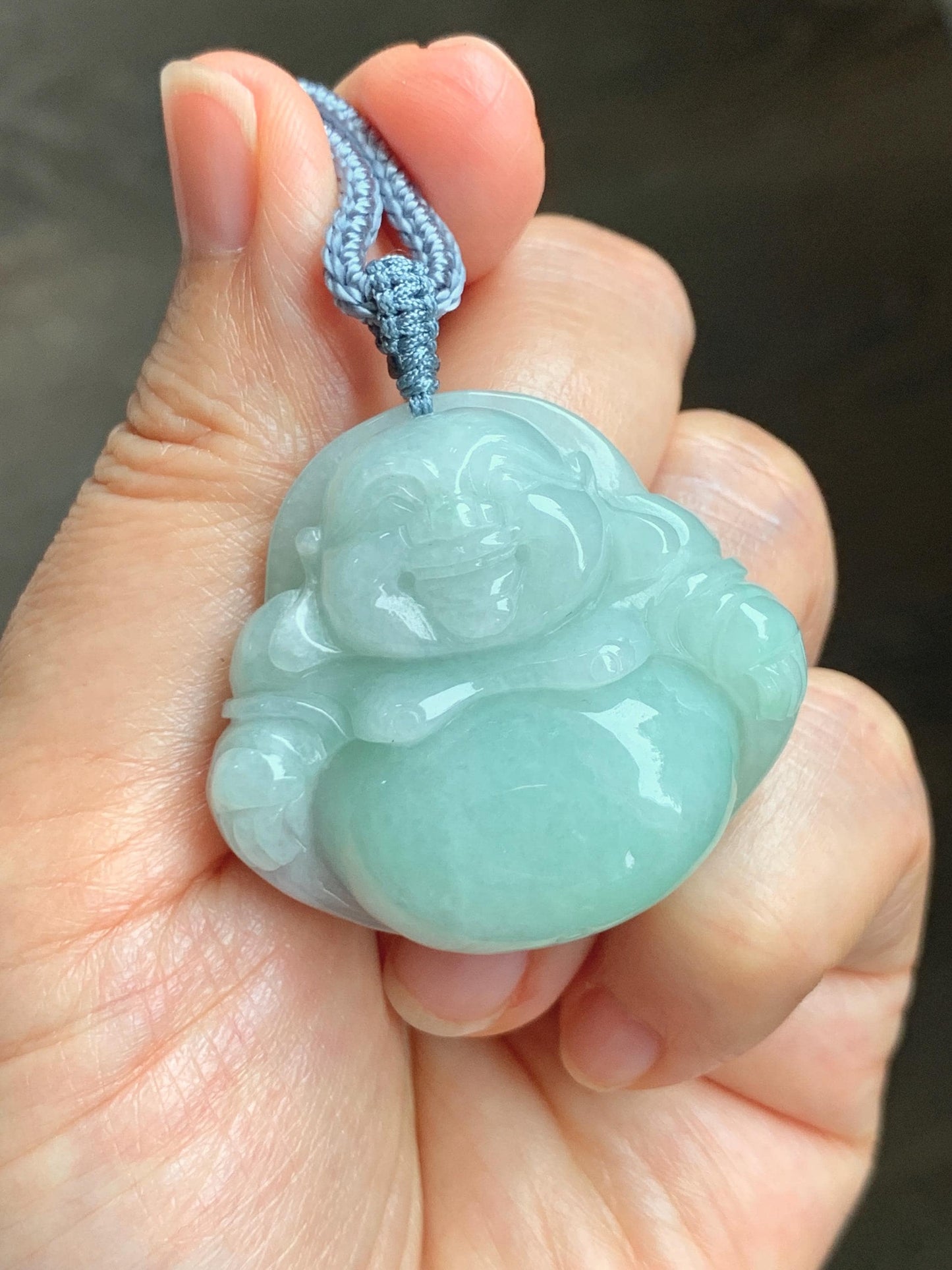 Certified Natural Grade A Icy Translucent Light Green Jade Jadeite Large Buddha Pendant Rope Necklace 27" 天然细糯浅绿翡翠佛公吊坠 1156