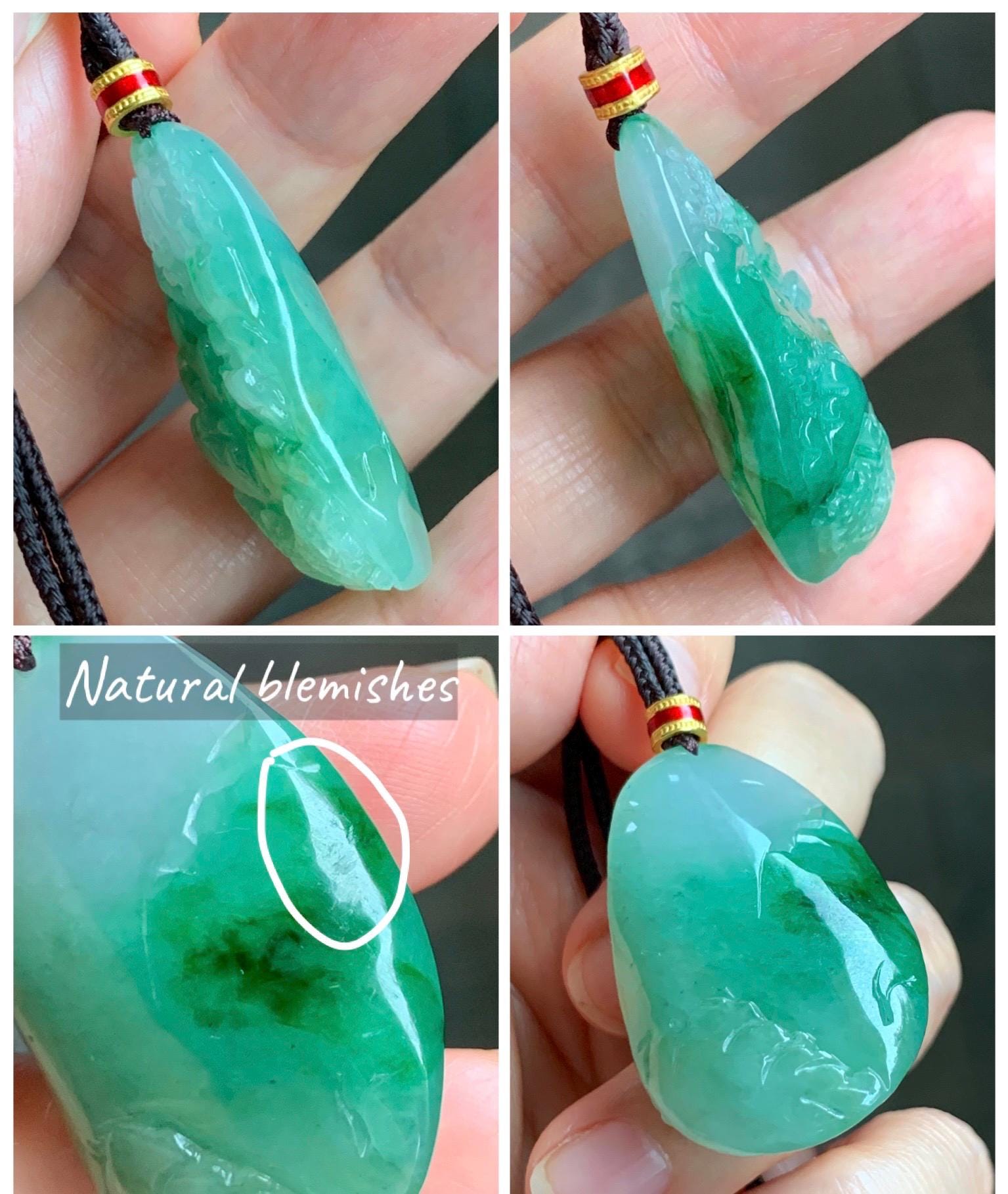 Certified Natural Grade A Icy Translucent Vibrant Green Marbled Jade Jadeite Carved Shan Shui Pendant Rope Necklace 26” 天然冰绿飘花翡翠山水吊坠 1160