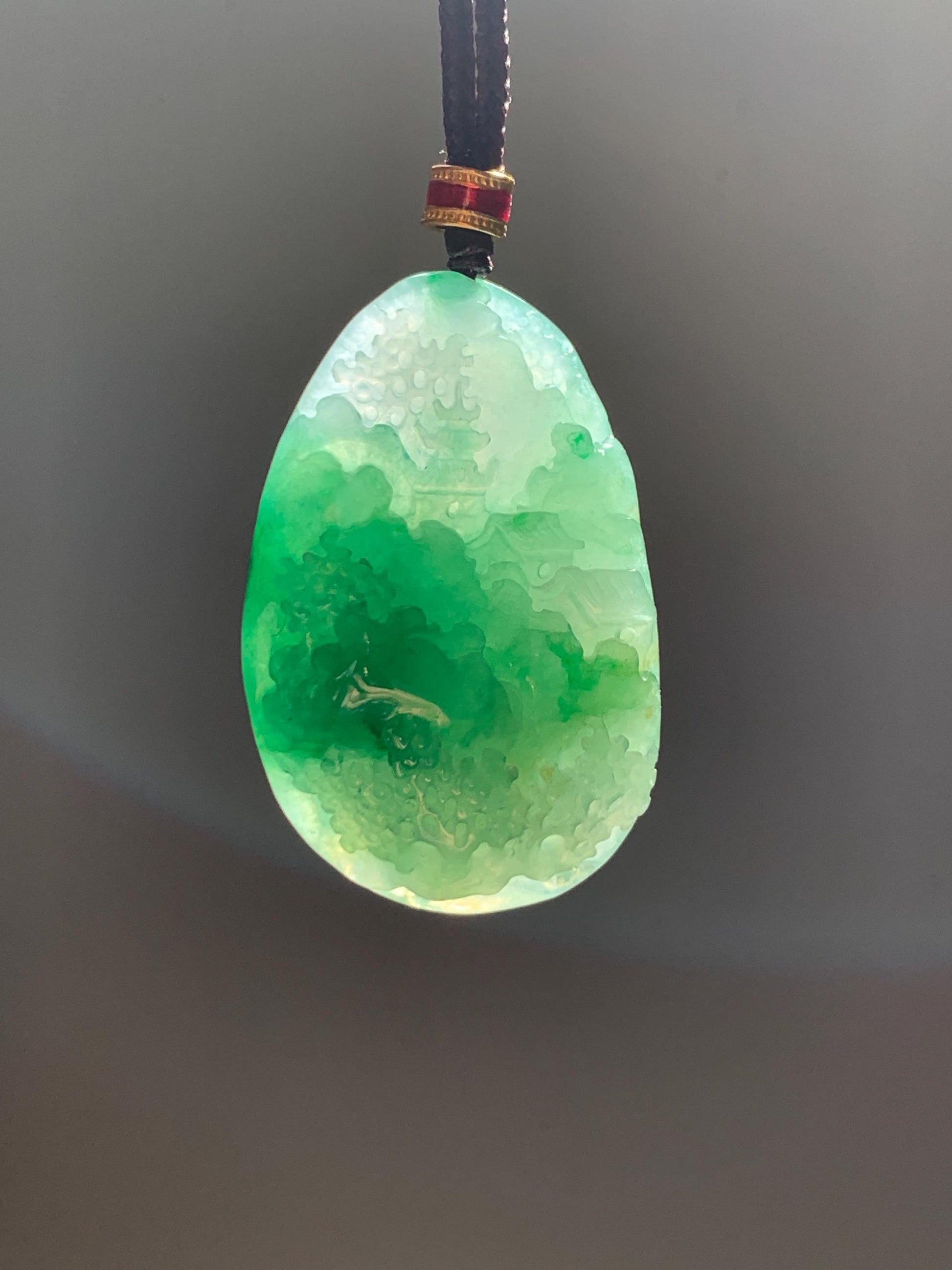 Certified Natural Grade A Icy Translucent Vibrant Green Marbled Jade Jadeite Carved Shan Shui Pendant Rope Necklace 26” 天然冰绿飘花翡翠山水吊坠 1160