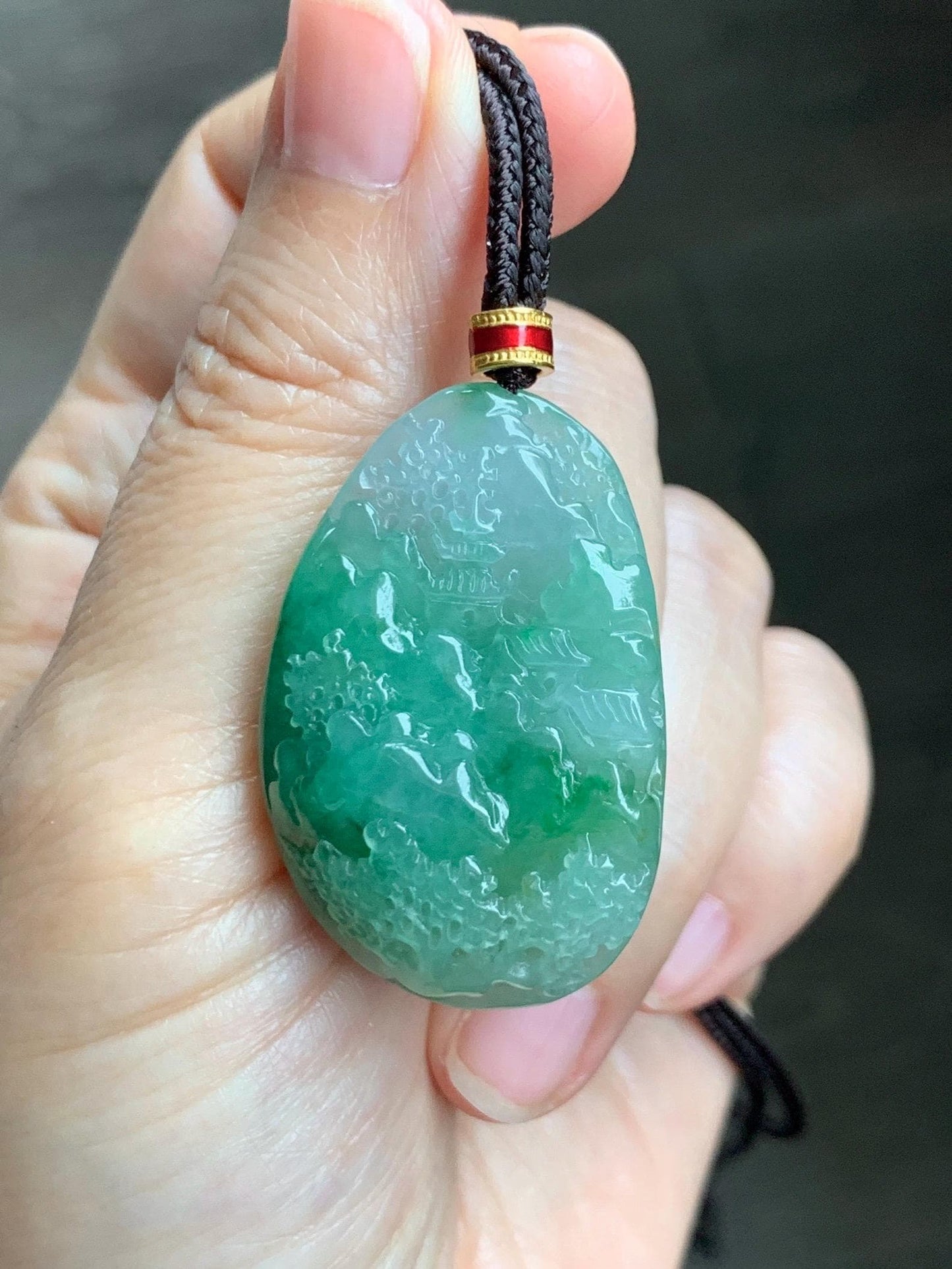 Certified Natural Grade A Icy Translucent Vibrant Green Marbled Jade Jadeite Carved Shan Shui Pendant Rope Necklace 26” 天然冰绿飘花翡翠山水吊坠 1160