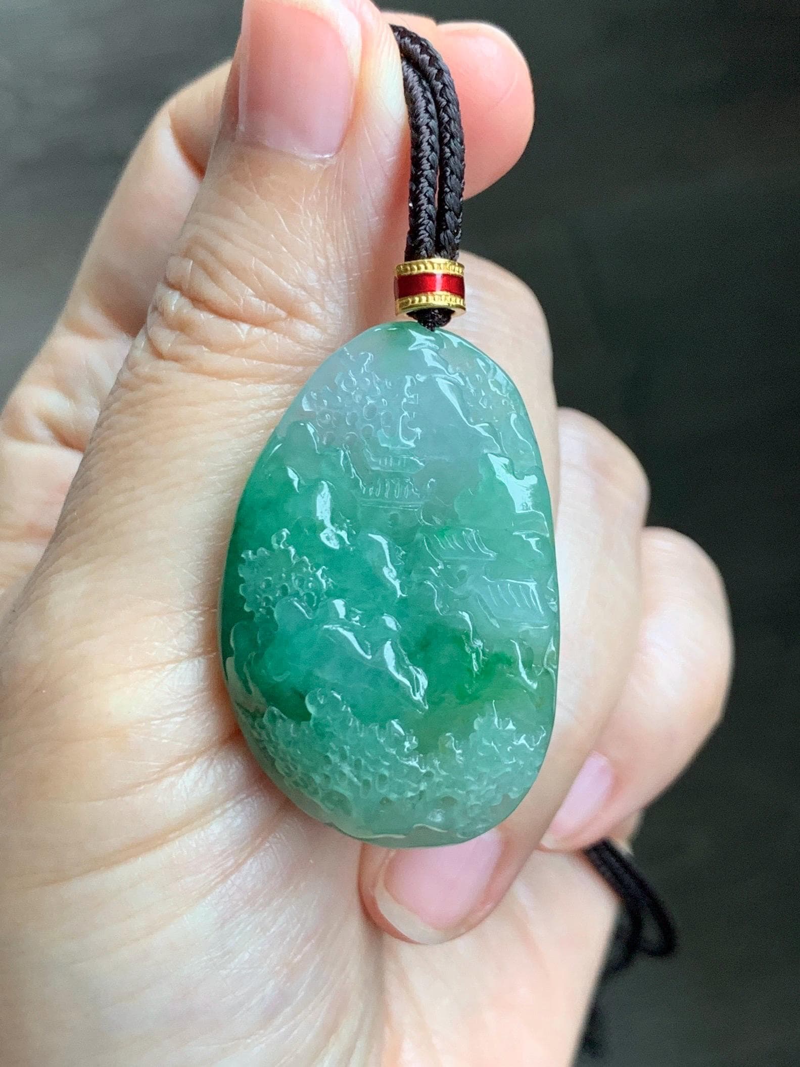 Certified Natural Grade A Icy Translucent Vibrant Green Marbled Jade Jadeite Carved Shan Shui Pendant Rope Necklace 26” 天然冰绿飘花翡翠山水吊坠 1160