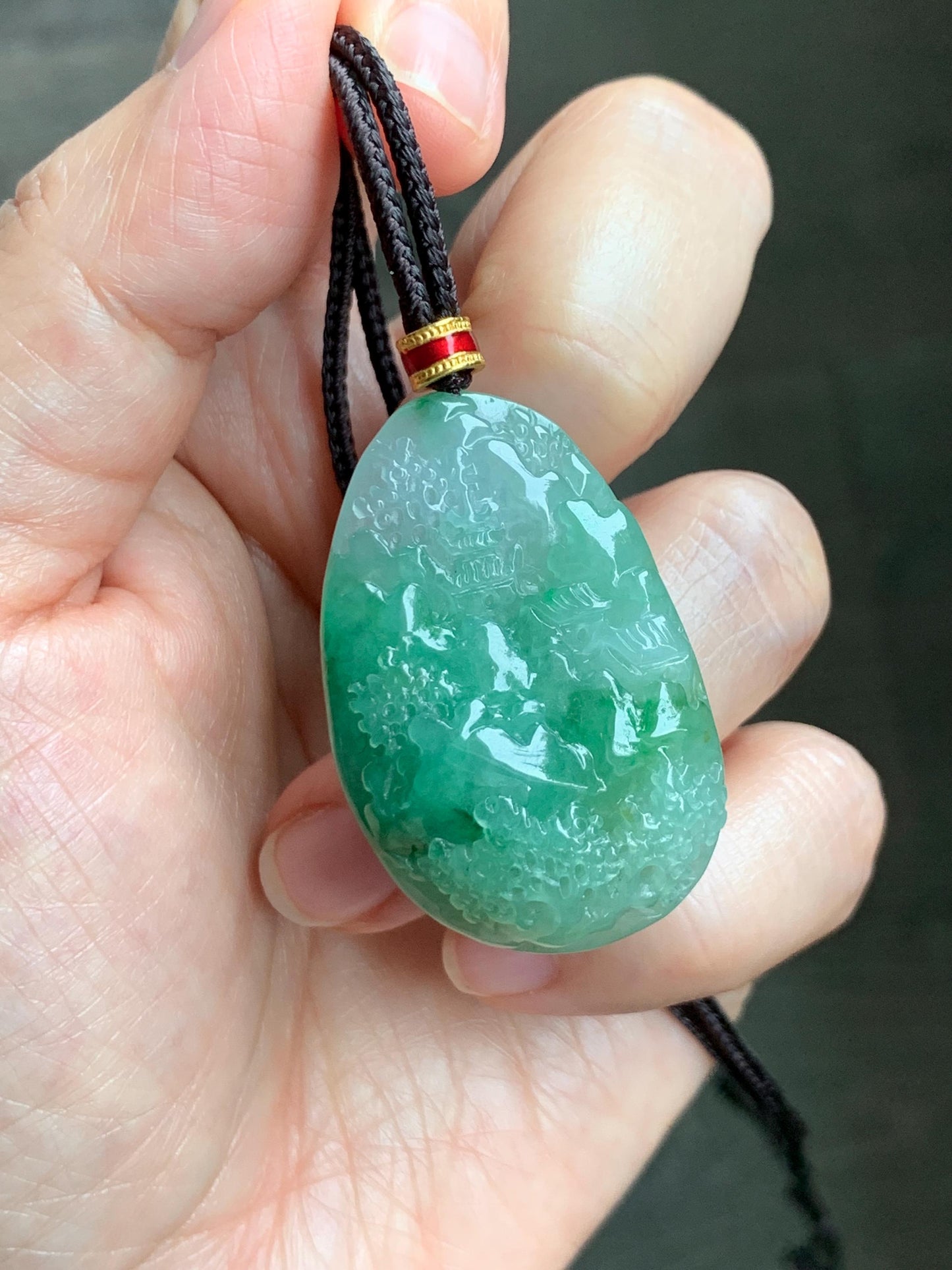 Certified Natural Grade A Icy Translucent Vibrant Green Marbled Jade Jadeite Carved Shan Shui Pendant Rope Necklace 26” 天然冰绿飘花翡翠山水吊坠 1160