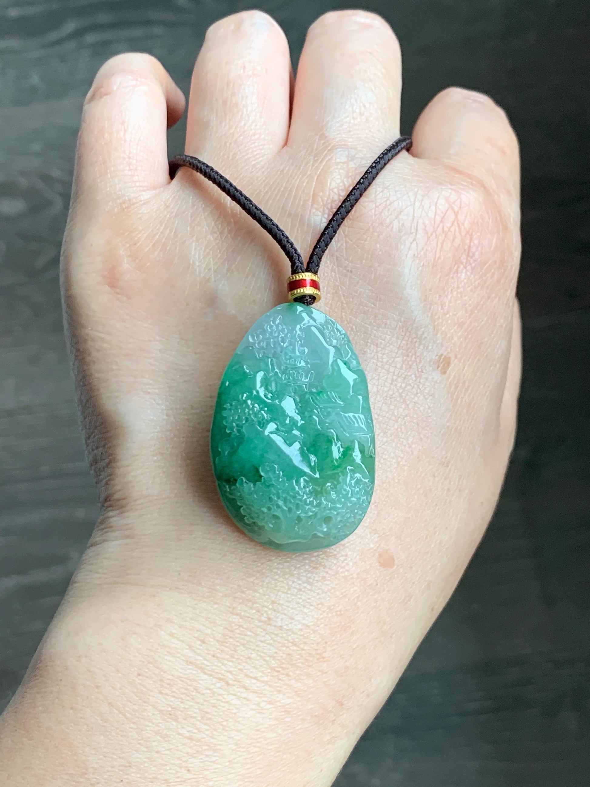 Certified Natural Grade A Icy Translucent Vibrant Green Marbled Jade Jadeite Carved Shan Shui Pendant Rope Necklace 26” 天然冰绿飘花翡翠山水吊坠 1160