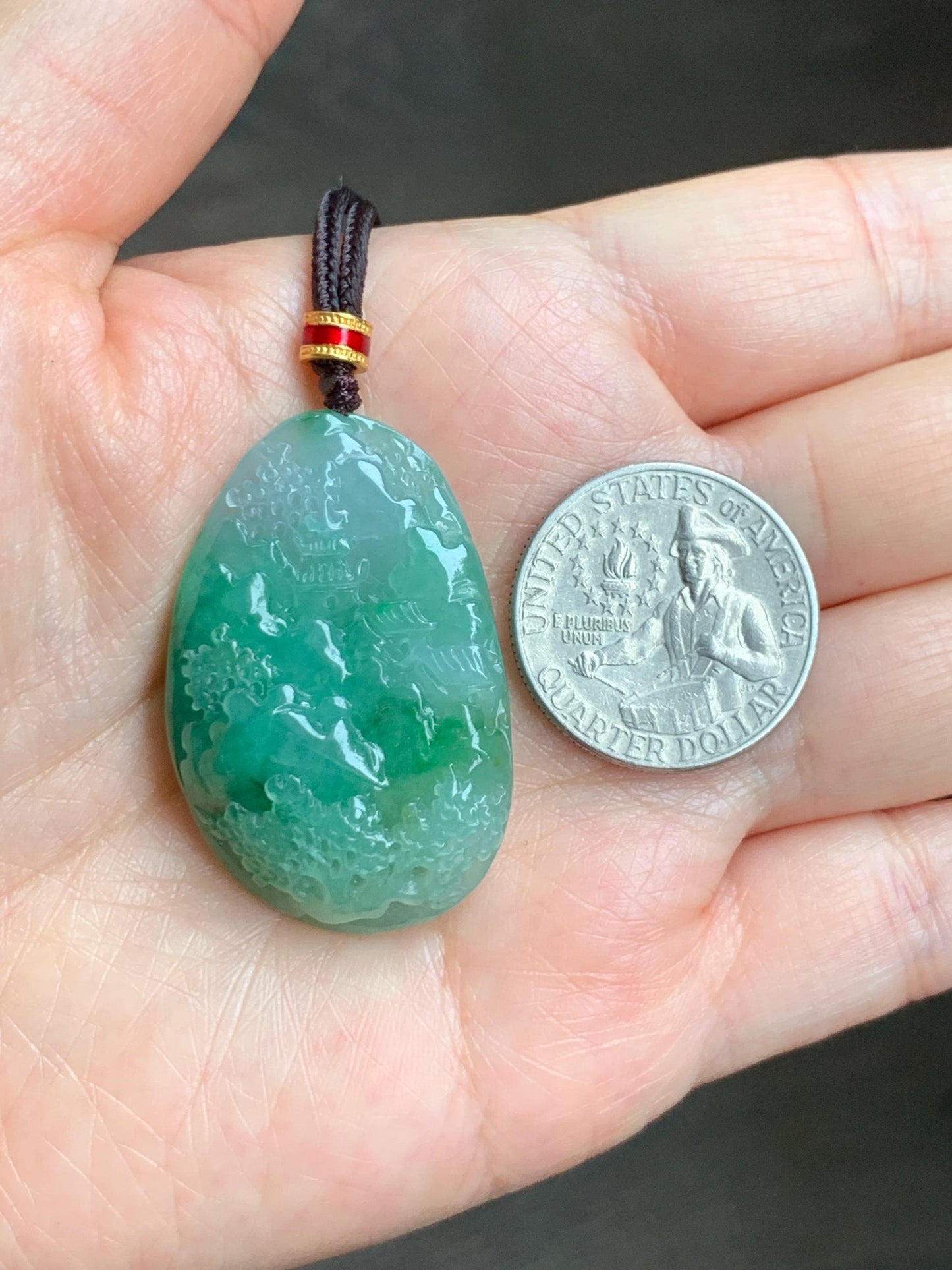 Certified Natural Grade A Icy Translucent Vibrant Green Marbled Jade Jadeite Carved Shan Shui Pendant Rope Necklace 26” 天然冰绿飘花翡翠山水吊坠 1160