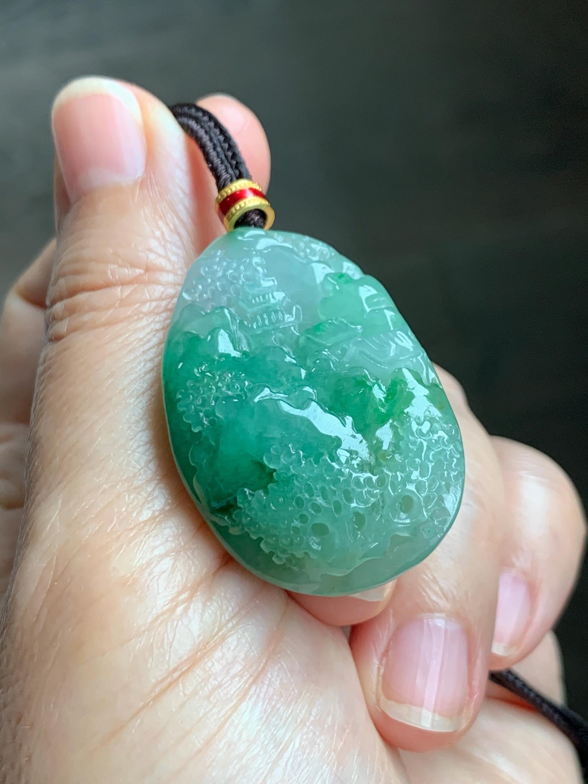 Certified Natural Grade A Icy Translucent Vibrant Green Marbled Jade Jadeite Carved Shan Shui Pendant Rope Necklace 26” 天然冰绿飘花翡翠山水吊坠 1160