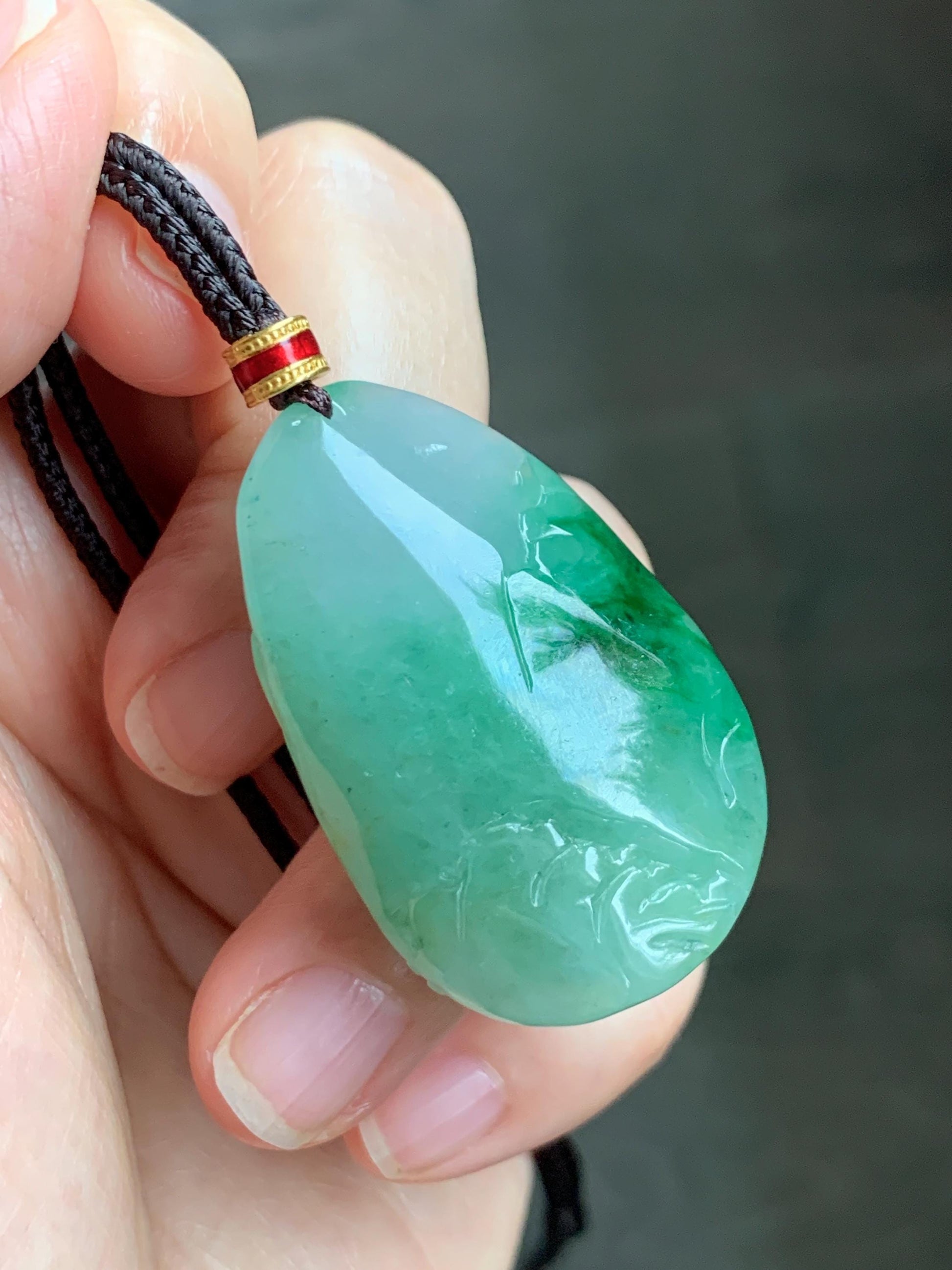 Certified Natural Grade A Icy Translucent Vibrant Green Marbled Jade Jadeite Carved Shan Shui Pendant Rope Necklace 26” 天然冰绿飘花翡翠山水吊坠 1160